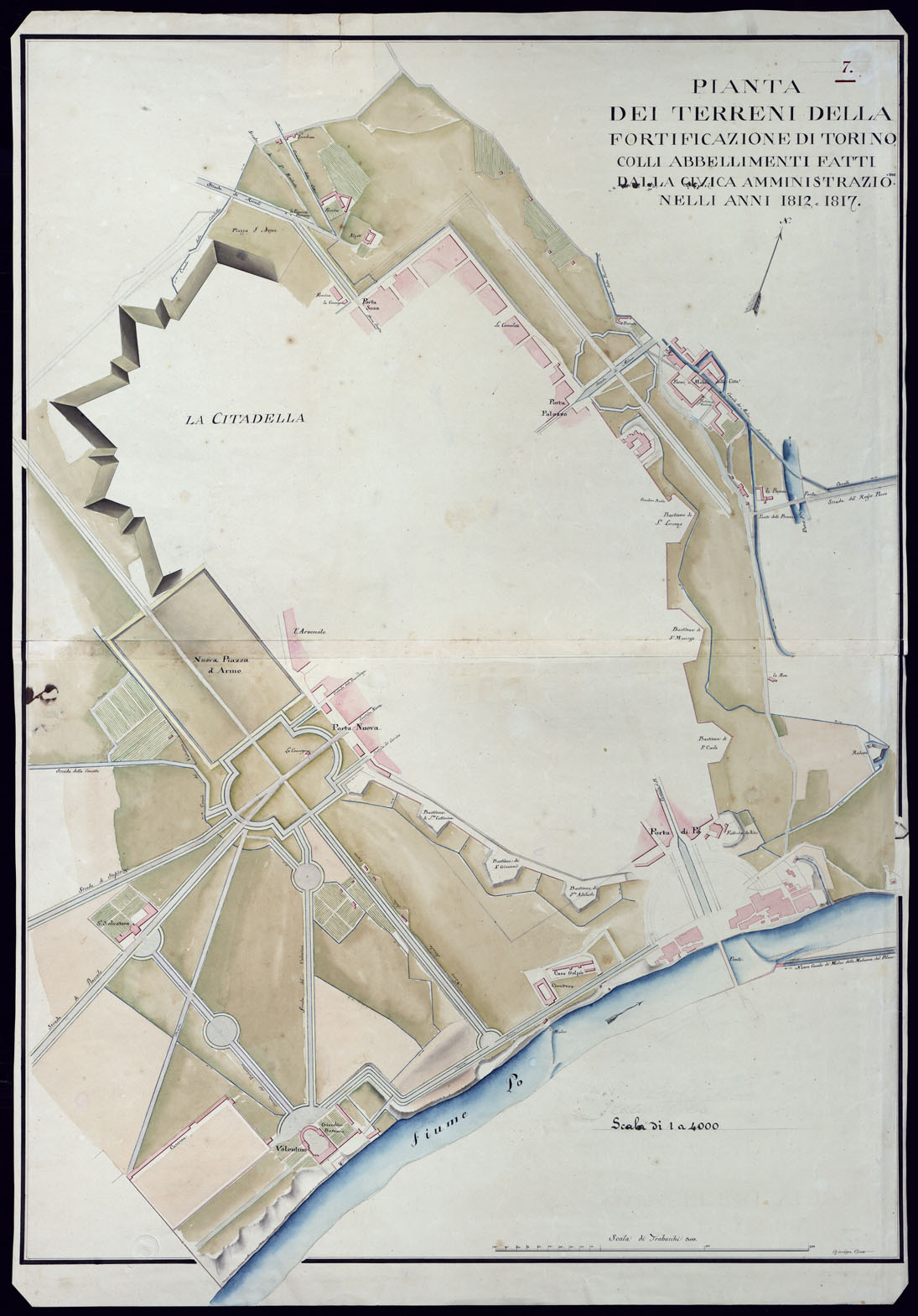 (N:2607) PIANTA DEI TERRENI DELLA FORTIFICAZIONE DI TORINO COLLI ABBELLIMENTI FATTI DALLA CIVICA AMMINISTRAZIONE NELLI ANNI 1812-1817 (CA001530) Carte e stampe antiche: riproduzione a colori su carta (formato A1)