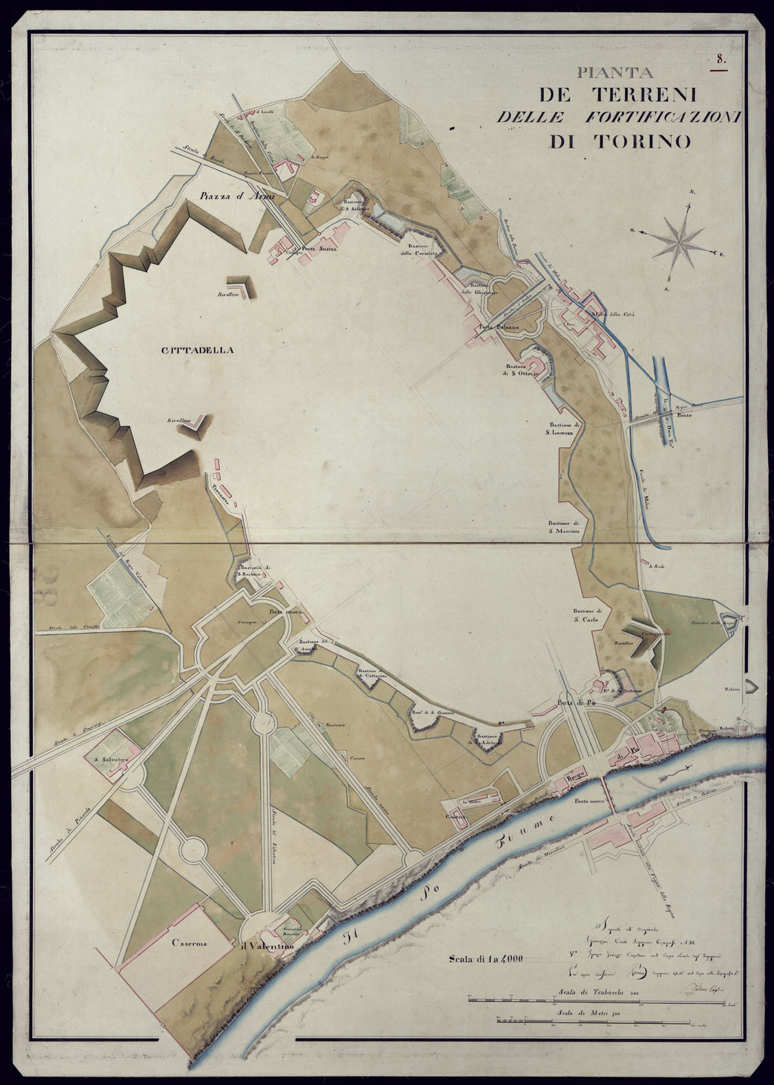 (N:23397) PIANTA DEI TERRENI DELLE FORTIFICAZIONI DI TORINO (CA001531) Carte e stampe antiche: riproduzione a colori su carta (formato A1)