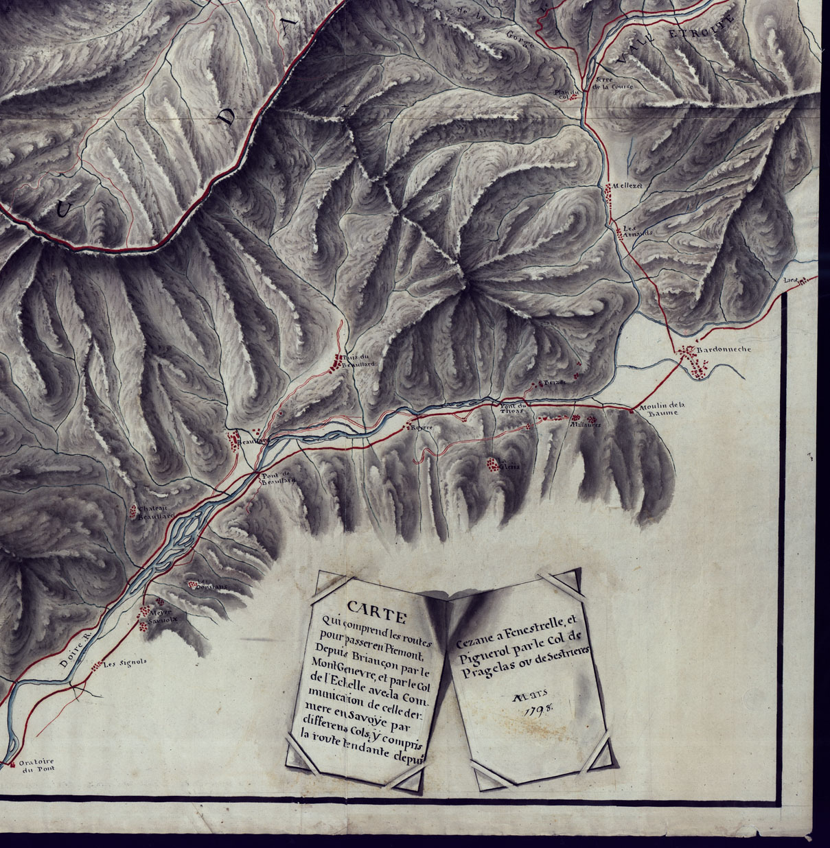 (N:23408) CARTE QUI COMPREND LES ROUTES POUR PASSER EN PIEMONT, DEPUIS BRIANCON PAR LE MONT GENEVRE, ET PAR LE COL DE L'ECHELLE AVEC LA COMMUNICATION DE CELLE DERNIER EN SAVOYE. (CA001601, CA001602, CA001603, CA001604) Carte e stampe antiche: riproduzione a colori su carta (formato A1)