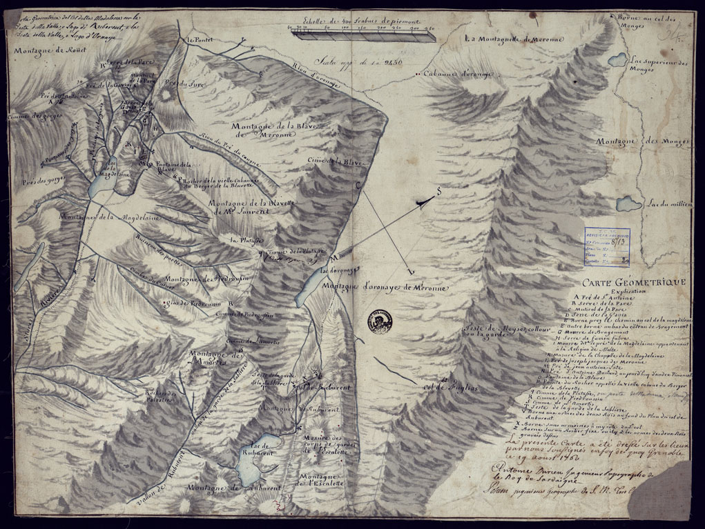 (N:3869) CARTA GEOMETRICA DEL COL DELLA MADDALENA CON LA TESTA DELLA VALLE, E LAGO DI RUBURENT, E LA TESTA DELLA VALLE, E LAGO D'ORNAYE. (CA001605) Carte e stampe antiche: riproduzione a colori su carta (formato A1)
