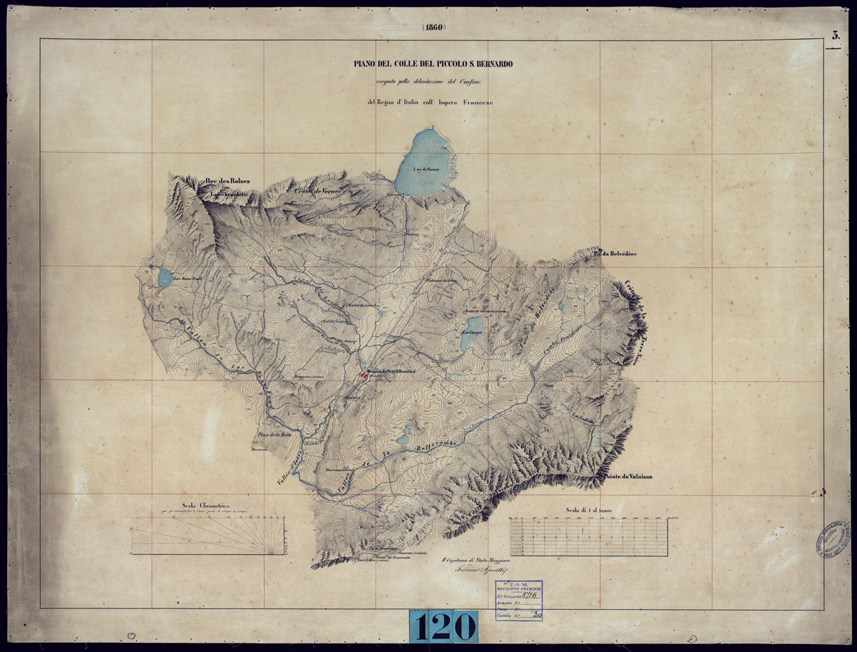 (N:3839) PIANO DE COLLE DEL PICCOLO S.BERNARDO, ESEGUITO PELLA DELIMITAZIONE DEL CONFINE DEL REGNO D'ITALIA COLL'IMPERO FRANCESE 1860. (CA001608) Carte e stampe antiche: riproduzione a colori su carta (formato A1)