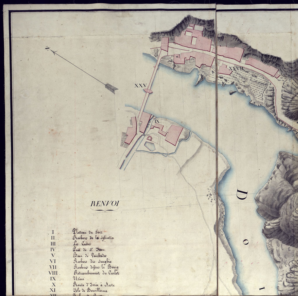 (N:3761) PLAN GEOMETRIQUE DE L' EMPLACEMENT  DE L'ANCIEN FORT DE BARD DUCHE' D'AOSTA, LEVE' PAR LE COMNTE DE CASTELLENGO LIEUT.  AU CORPS DE  L'ETAT MAJOR GENERAL A L'ECHELLE DE 1:500, L'AN 1819. (CA001628, CA001627, CA001626, CA001625, CA001629, CA001630) Carte e stampe antiche: riproduzione a colori su carta (formato A1)