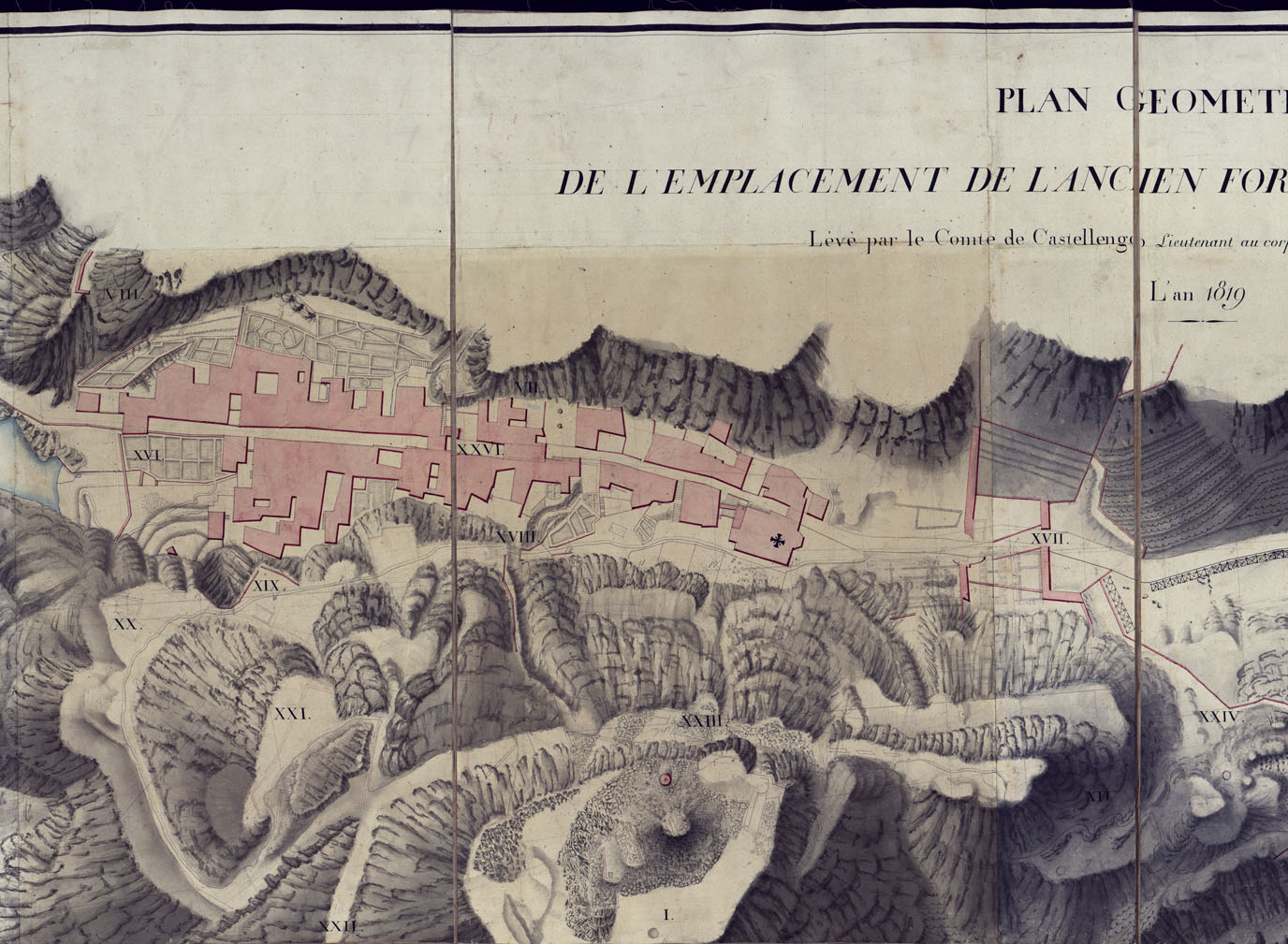 (N:3761) PLAN GEOMETRIQUE DE L' EMPLACEMENT  DE L'ANCIEN FORT DE BARD DUCHE' D'AOSTA, LEVE' PAR LE COMNTE DE CASTELLENGO LIEUT.  AU CORPS DE  L'ETAT MAJOR GENERAL A L'ECHELLE DE 1:500, L'AN 1819. (CA001628, CA001627, CA001626, CA001625, CA001629, CA001630) Carte e stampe antiche: riproduzione a colori su carta (formato A1)