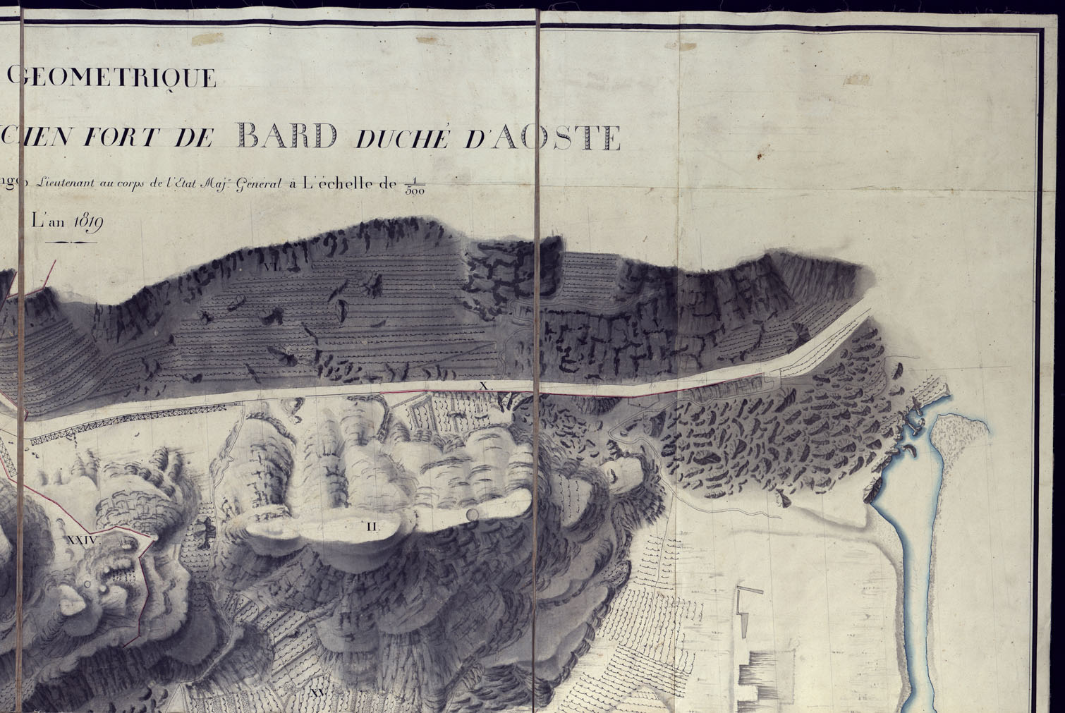 (N:3761) PLAN GEOMETRIQUE DE L' EMPLACEMENT  DE L'ANCIEN FORT DE BARD DUCHE' D'AOSTA, LEVE' PAR LE COMNTE DE CASTELLENGO LIEUT.  AU CORPS DE  L'ETAT MAJOR GENERAL A L'ECHELLE DE 1:500, L'AN 1819. (CA001628, CA001627, CA001626, CA001625, CA001629, CA001630) Carte e stampe antiche: riproduzione a colori su carta (formato A1)