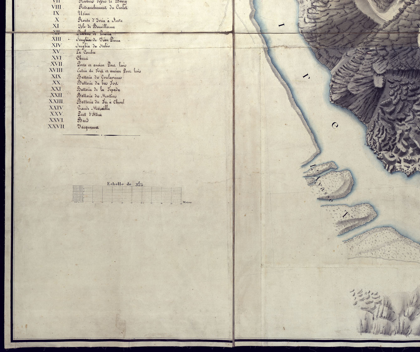 (N:3761) PLAN GEOMETRIQUE DE L' EMPLACEMENT  DE L'ANCIEN FORT DE BARD DUCHE' D'AOSTA, LEVE' PAR LE COMNTE DE CASTELLENGO LIEUT.  AU CORPS DE  L'ETAT MAJOR GENERAL A L'ECHELLE DE 1:500, L'AN 1819. (CA001628, CA001627, CA001626, CA001625, CA001629, CA001630) Carte e stampe antiche: riproduzione a colori su carta (formato A1)