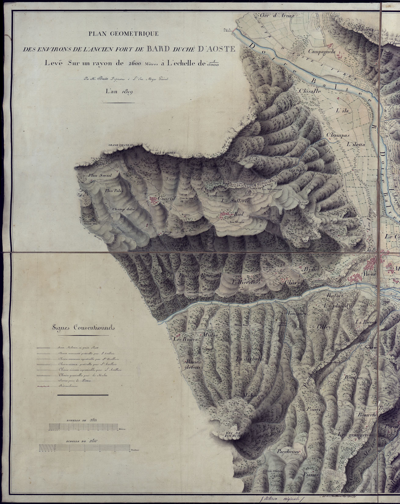 (N:3740) PLAN GEOMETRIQUE DES ENVIRONS DE L'ANCIEN FORT DE BARD DUCHE' D'AOSTA. LEVE SUR UN RAYON DE 2.600 METRES A'L'EHCELLE DE 1:5.000 PAR M. BASSO DESSINATEUR A' L'ETAT MAJOR GENERAL L'AN 1819. (CA001631, CA001632) Carte e stampe antiche: riproduzione a colori su carta (formato A1)