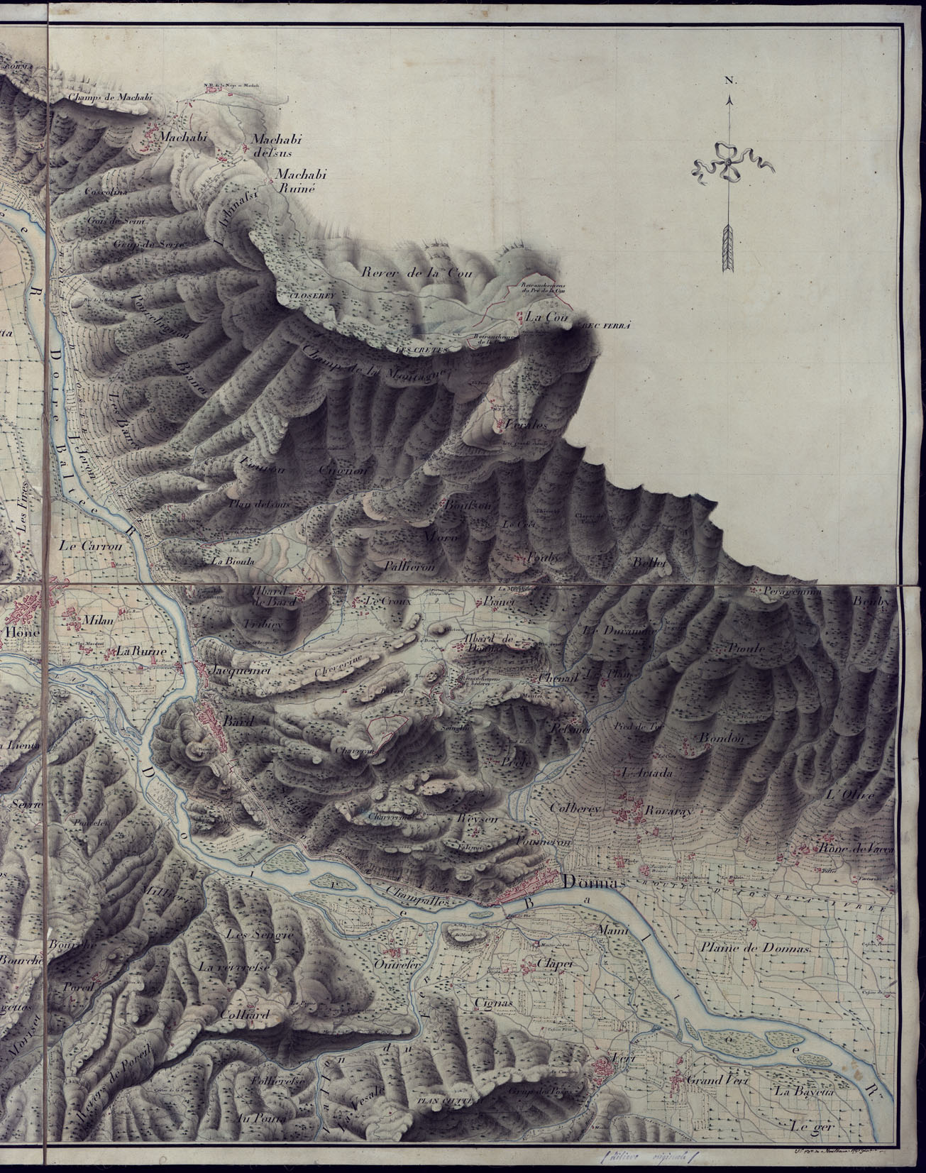 (N:3740) PLAN GEOMETRIQUE DES ENVIRONS DE L'ANCIEN FORT DE BARD DUCHE' D'AOSTA. LEVE SUR UN RAYON DE 2.600 METRES A'L'EHCELLE DE 1:5.000 PAR M. BASSO DESSINATEUR A' L'ETAT MAJOR GENERAL L'AN 1819. (CA001631, CA001632) Carte e stampe antiche: riproduzione a colori su carta (formato A1)
