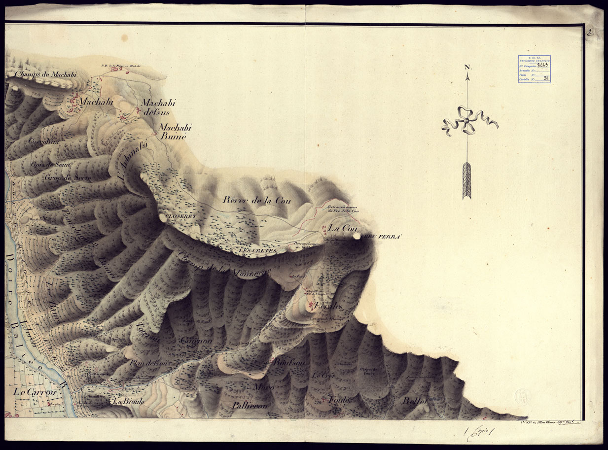 (N:23411) PLAN GEOMETRIQUE DES ENVIRONS DE L'ANCIEN FORT DE BARD DUCHE' D'AOSTA. LEVE SUR UN RAYON DE 2.600 METRES A'L'EHCELLE DE 1:5.000 PAR M. BASSO DESSINATEUR A' L'ETAT MAJOR GENERAL L'AN 1819.  FOGLIO 2. (CA001634) Carte e stampe antiche: riproduzione a colori su carta (formato A1)