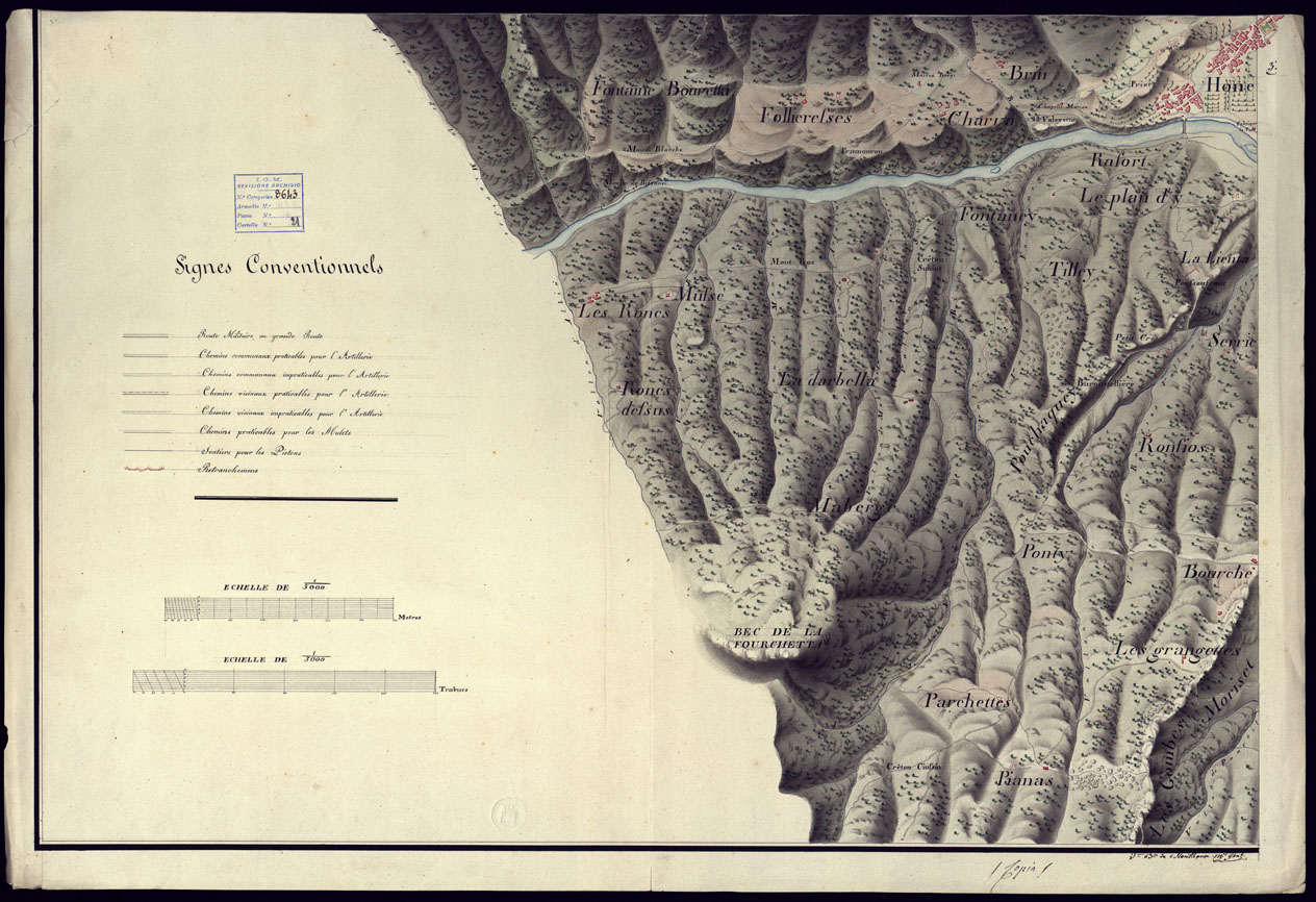 (N:23412) PLAN GEOMETRIQUE DES ENVIRONS DE L'ANCIEN FORT DE BARD DUCHE' D'AOSTA. LEVE SUR UN RAYON DE 2.600 METRES A'L'EHCELLE DE 1:5.000 PAR M. BASSO DESSINATEUR A' L'ETAT MAJOR GENERAL L'AN 1819. FOGLIO 3. (CA001635) Carte e stampe antiche: riproduzione a colori su carta (formato A1)