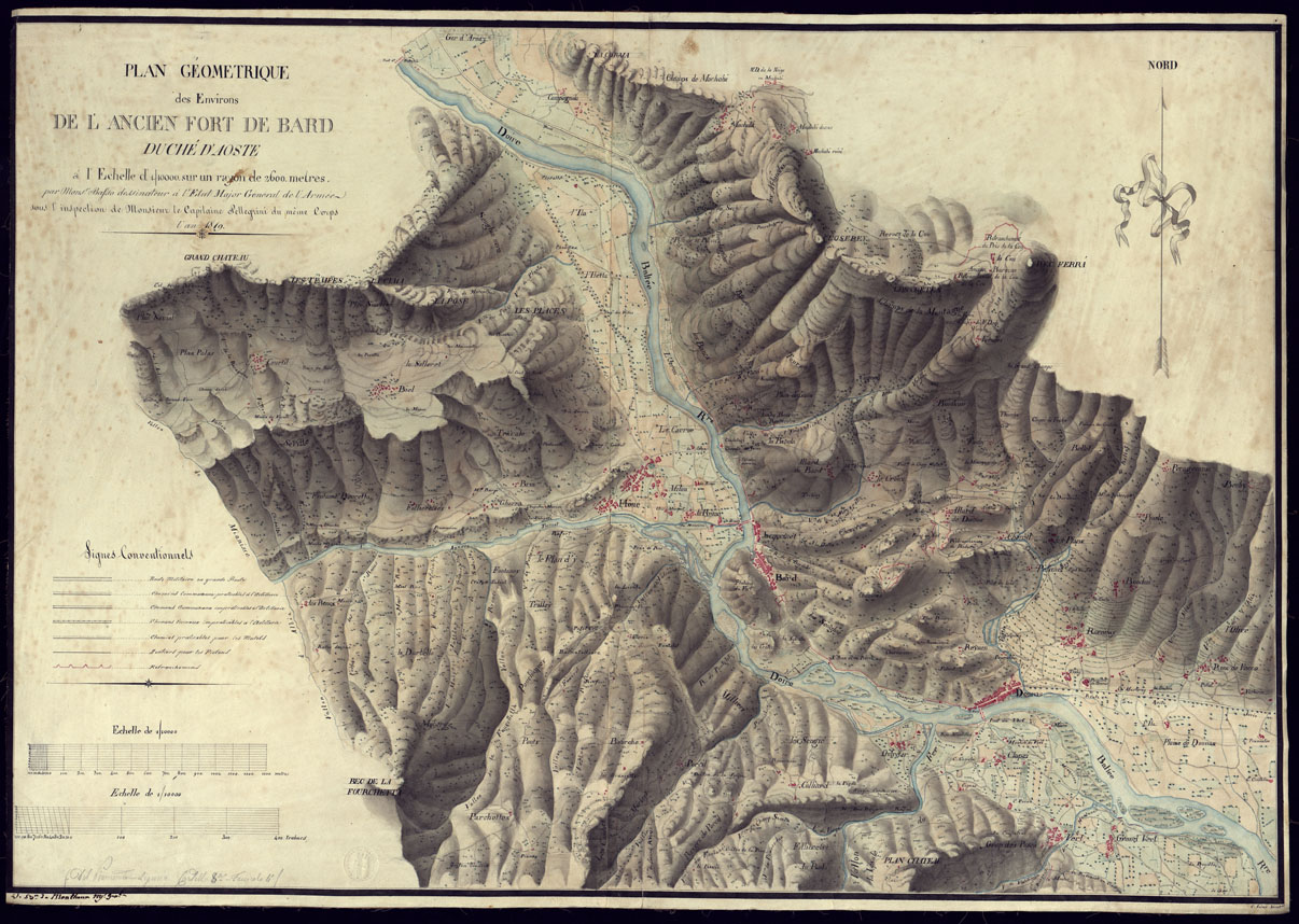 (N:23414) PLAN GEOMETRIQUE DES ENVIRONS DE L'ANCIEN FORT DE BARD DUCHE' D'AOSTA. LEVE SUR UN RAYON DE 2.600 METRES A'L'EHCELLE DE 1:1.000 PAR M. BASSO DESSINATEUR A'L'ETAT MAJOR GENERAL DE L'ARMEE SOUS L'INSPECTION DE MONSIEUR LE CAPITAINE PELLEGRINI DU MEME CORPS. (CA001637) Carte e stampe antiche: riproduzione a colori su carta (formato A1)