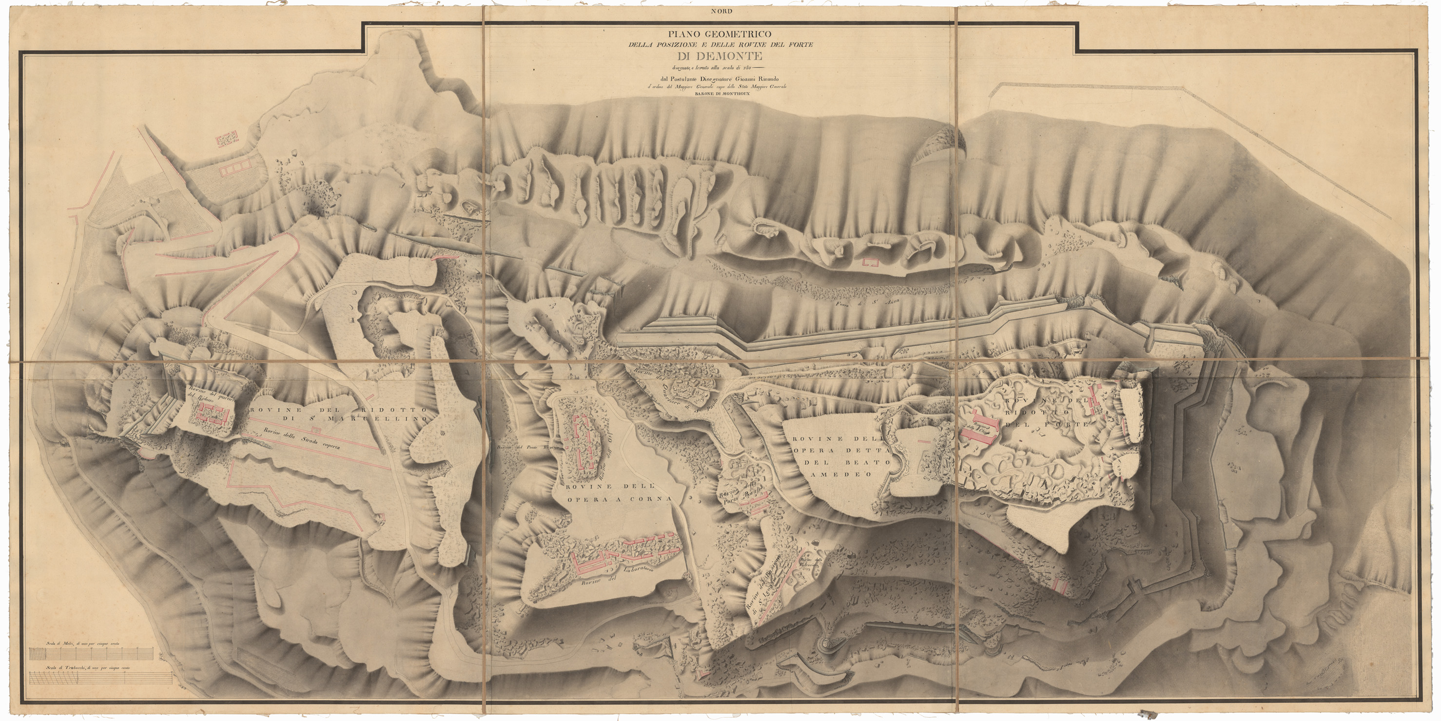 (N:3738) PIANO GEOMETRICO DELLA POSIZIONE E DELLE ROVINE DEL FORTE DI DEMONTE DISEGNATO E LEVATO ALLA SCALA DI 1 500 DAL  POSTULANTE DISEGNATORE D'ORDINE DEL MAGG. GENERALE CAPO DELLO STATO MAGGIORE GENERALE BARONE DI MONTHOUX CON ALLEGATO LIBRETTO DESCRITTIVO (CA001640, CA001643, CA001644, CA001645, CA001646, CA001647, CA001648, CA001649, CA001650) Carte e stampe antiche: riproduzione a colori su carta (formato A1)