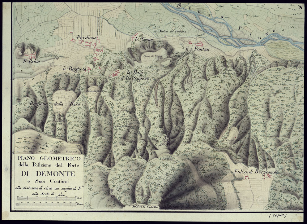 (N:23780) PIANO GEOMETRICO DELLA POSIZIONE DEL FORTE DI DEMONTE E I SUOI CONTORNI ALLA DISTANZA DI CIRCA UN MIGLIA DI P.TE ALLA SCALA DI 1 5.000 - FOGLIO 3. (CA001659) Carte e stampe antiche: riproduzione a colori su carta (formato A1)