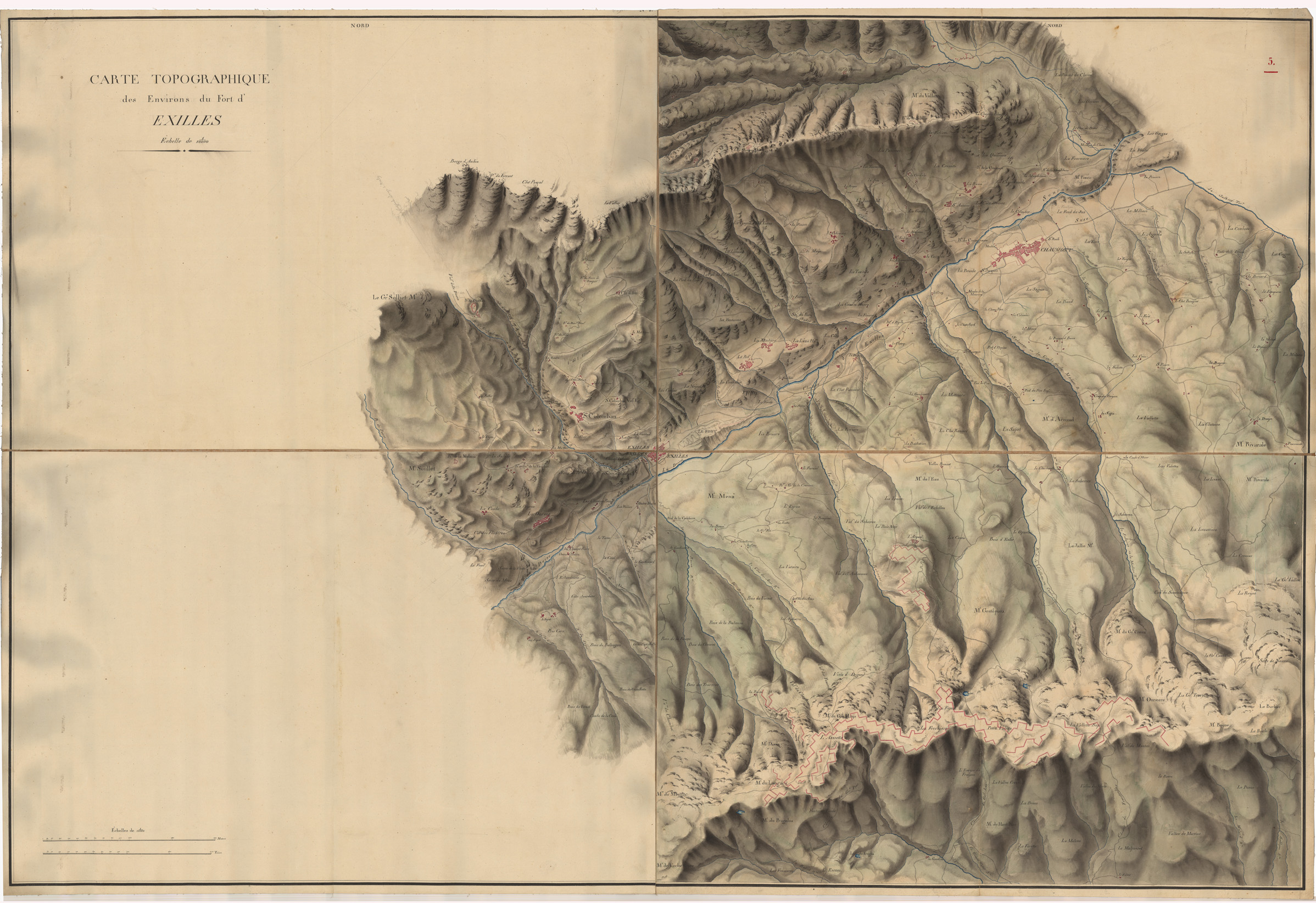 (N:23415) CARTE TOPOGRAPHIQUE DES ENVIRONS DU FORT D'EXILLES ECHELLE DE 1 10.000 (CA001663) Carte e stampe antiche: riproduzione a colori su carta (formato A1)