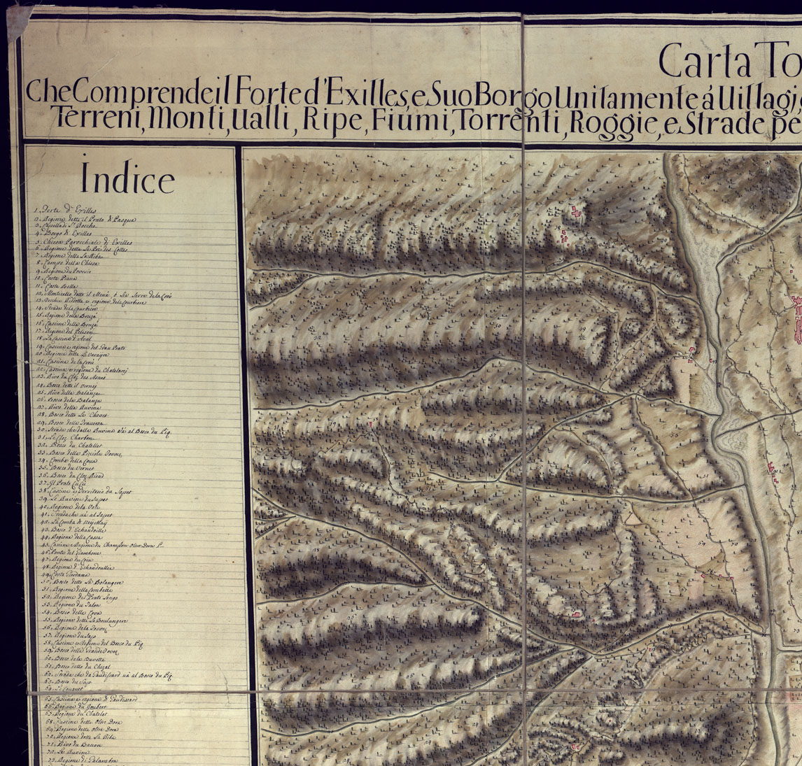 (N:3712) CARTA TOPOGRAFICA CHE COMPRENDE IL FORTE D'EXILLES, E SUO BORGO, UNITAMENTE A VILLAGGI E BORGATE DI C.CELS, DENIS, S. COLOMBANO, FABBRICHE, TERRENI MONTI, VALLI, RIPE, FIUMI,TORRENTI, ROGGIE, E STRADE (CA001666, CA001667, CA001668, CA001669) Carte e stampe antiche: riproduzione a colori su carta (formato A1)