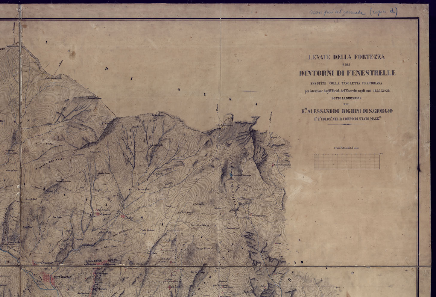 (N:23512) LEVATE DELLA FORTEZZA E DEI DINTORNI DI FENESTRELLE ESEGUITE COLLA TAVOLETTA PRETORIANA PER ISTRUZIONE DAGLI UFFICIALI DELL'ESERCITO NEGLI ANNI 1854,55 e 56. SOTTO LA DIREZIONE  DEL B.E ALESSANDRO RIGHINI DI S. GIORGIO. (CA001707, CA001708, CA001709, CA001710) Carte e stampe antiche: riproduzione a colori su carta (formato A1)