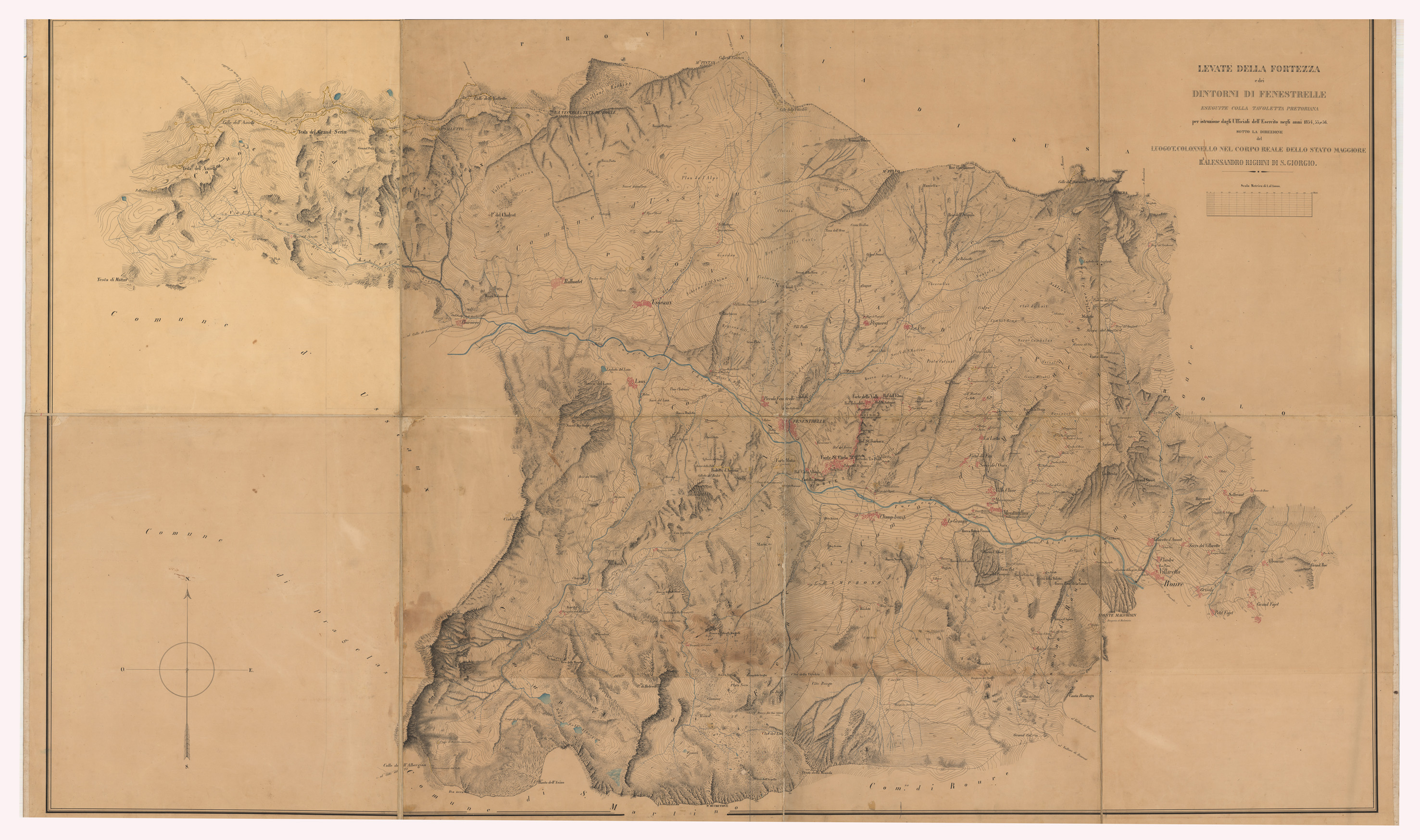 (N:23513) LEVATE DELLA FORTEZZA E DEI DINTORNI DI FENESTRELLE ESEGUITE COLLA TAVOLETTA PRETORIANA PER ISTRUZIONE DAGLI UFFICIALI DELL'ESERCITO NEGLI ANNI 1854,55 e 56. SOTTO LA DIREZIONE  DEL B.E ALESSANDRO RIGHINI DI S. GIORGIO (CA001711) Carte e stampe antiche: riproduzione a colori su carta (formato A1)