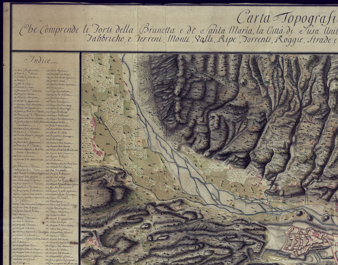 (N:23511) CARTA TOPOGRAFICA CHE COMPRENDE I FORTI DELLA BRUNETTA E DI SANTA MARIA, LA CITTA' DI SUSA UNITAMENTE AI VILLAGGI, E BORGATE DI MONPANTERO, VENAUX, GIAGLIONE, GRAVERE, MEANANA, FABBRICHE, E TERRENI, MONTI, VALLI, RIPE, FIUMI, TORRENTI
, ROGGLIE, STRADE. (CA001715, CA001716, CA001717, CA001718) Carte e stampe antiche: riproduzione a colori su carta (formato A1)