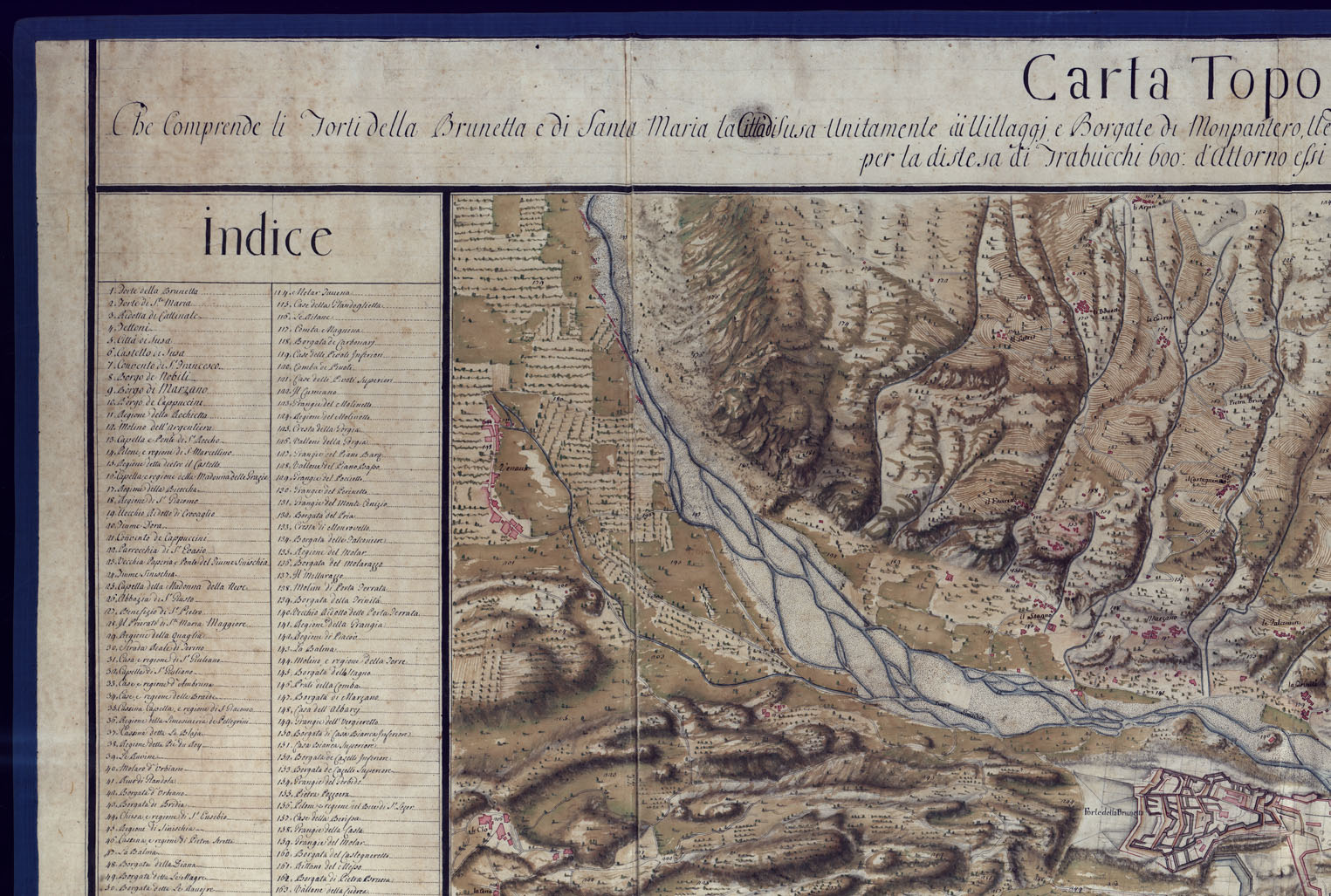 (N:3633) CARTA TOPOGRAFICA CHE COMPRENDE I FORTI DELLA BRUNETTA E DI SANTA MARIA, LA CITTA' DI SUSA UNITAMENTE AI VILLAGGI, E BORGATE DI MONPANTERO, VENAUX, GIAGLIONE, GRAVERE, MEANANA, FABBRICHE, E TERRENI, MONTI, VALLI, RIPE, FIUMI, TORRENTI
, ROGGLIE, STRADE. (CA001719, CA001720, CA001721, CA001722) Carte e stampe antiche: riproduzione a colori su carta (formato A1)