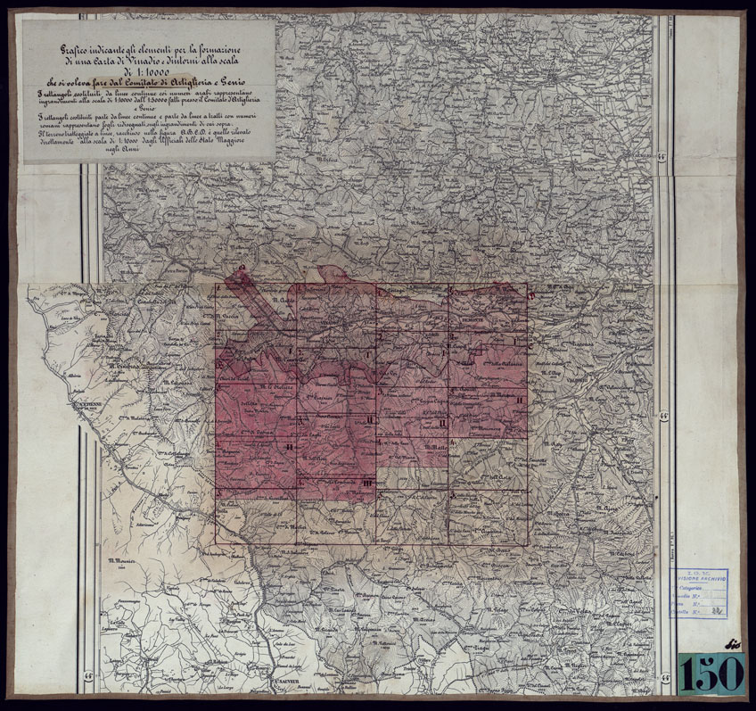 (N:23480) GRAFICO INDICANTE GLI ELEMENTIPER LA FORMAZIONE DI UNA CARTA DI VINADIO E DINTORNIALLA SCALA DI 1.10.000 CHE SI VOLEVA FARE DAL COMITATO DI ARTEGLIERIA E GENIO. (CA001768) Carte e stampe antiche: riproduzione a colori su carta (formato A1)