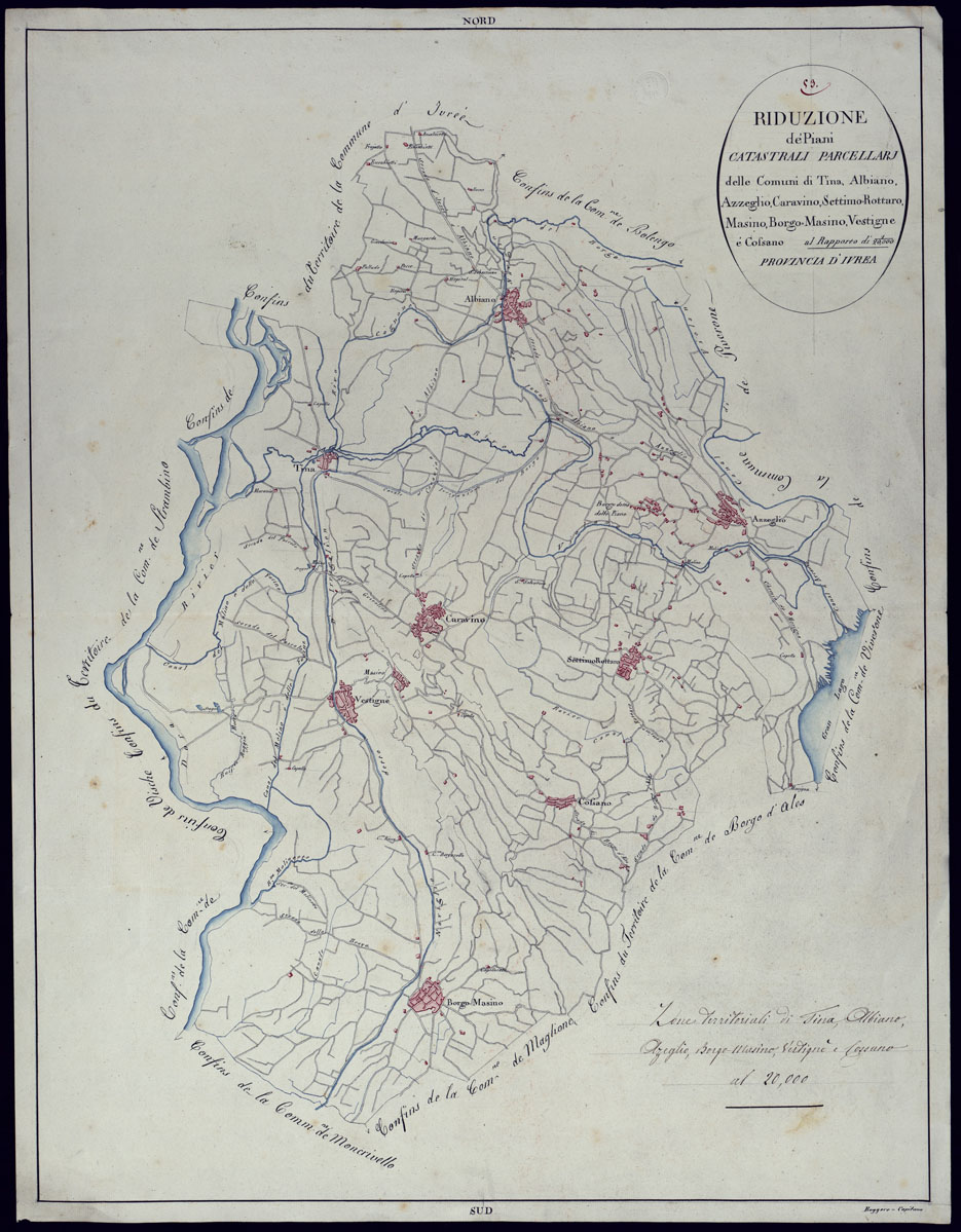 (N:13007) TERRITORIO COMPRESO TRA RACCONIGI, MORETTA, SAVIGLIANO, ALESSANDRIA ED IVREA - RIDUZIONE DEI PIANI CATASTALI PARCELLARI DEI COMUNI DI TINA, ALBANO, AZZEGLIO, CARAVINO, SETTIMO-ROTTARO, MASINO, BORGO-MASINO, VESTIGNE E COSSANO - PROVINCIA D'IVREA. (CA001912) Carte e stampe antiche: riproduzione a colori su carta (formato A1)