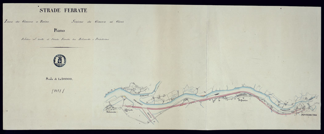 (N:9831) STRADE FERRATE LINEA DA GENOVA A TORINO SEZIONE DA GENOVA AI GIOVI. PIANO RELATIVO AL TRATTO DI STRADA FERRATA TRA BOLZANETTO E PONTEDECIMO. (CA001963) Carte e stampe antiche: riproduzione a colori su carta (formato A1)