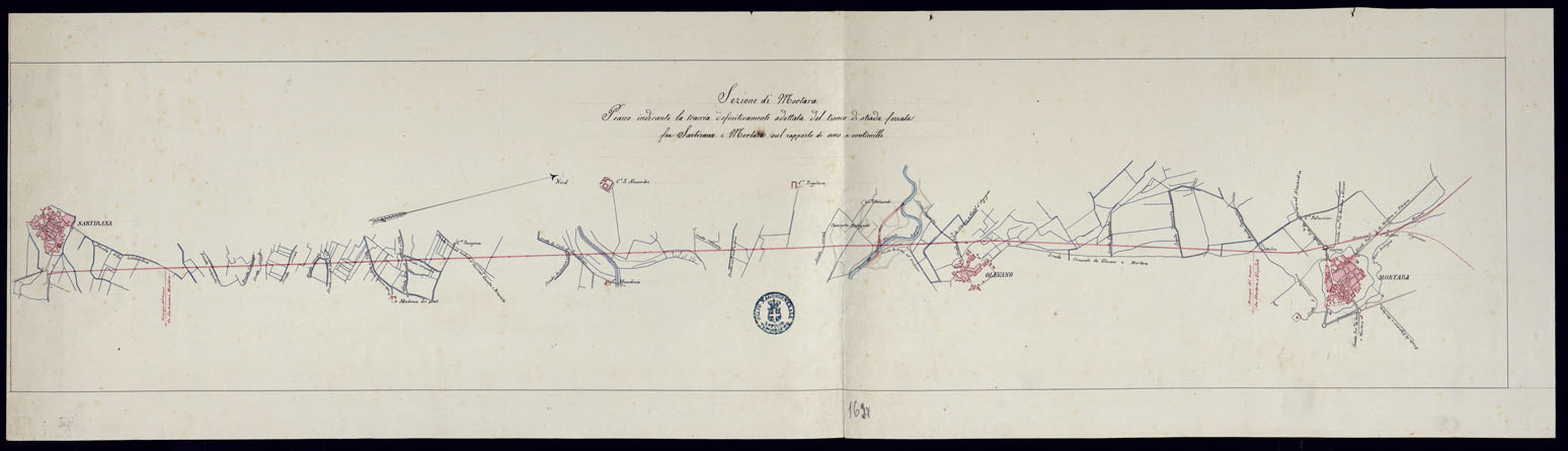 (N:9795) SEZIONE DI MORTARA PIANO INDICANTE LA TRACCIA DEFINITIVAMENTE ADOTTATA DEL TRONCO DI STRADA FERRATA FRA SARTIRANA E MORTARA SUL RAPPORTO DI UMO A VENTIMILLE. (CA001966) Carte e stampe antiche: riproduzione a colori su carta (formato A1)