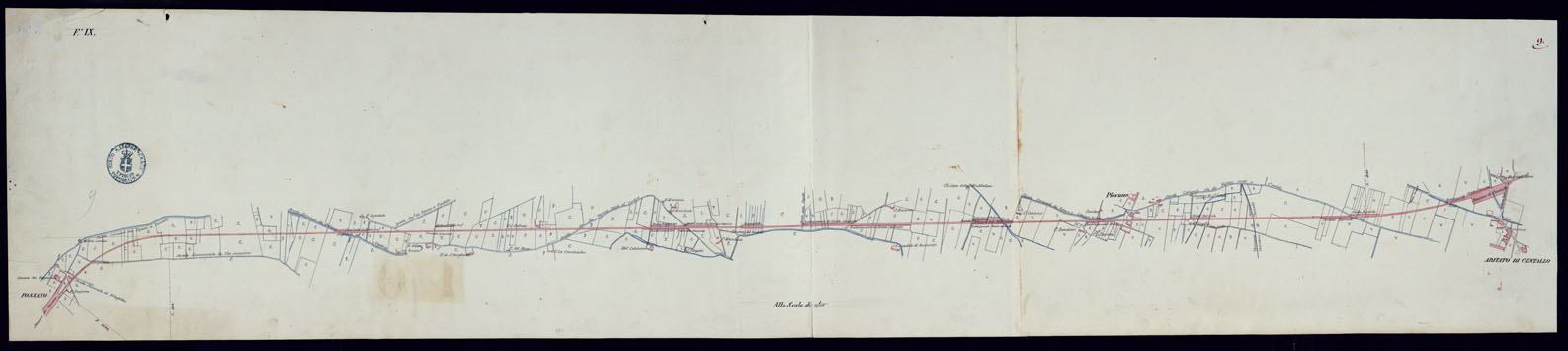(N:9083) PLANIMETRIA DEI VARI TRONCHI DI FERROVIA SAVIGLIANO-CUNEO - FOGLIO 9. (CA001991) Carte e stampe antiche: riproduzione a colori su carta (formato A1)