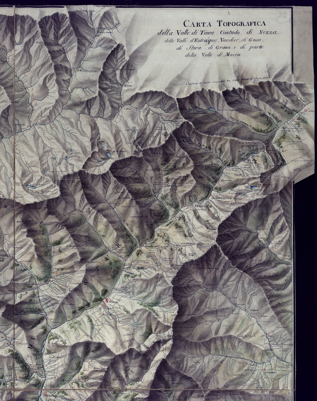 (N:23516) CARTA TOPOGRAFICA DELLA VALLE DI TINCA CONTADO DI NIZZA DELLE VALLI DI ENTRAQUE, DI VAUDIER, DI GESSO, DI STURA DI GRANA E DI PARTE DELLA VALLE DI MACRA SCALA DI 1 A 37.800. (CA002032, CA002035, CA002033, CA002034) Carte e stampe antiche: riproduzione a colori su carta (formato A1)