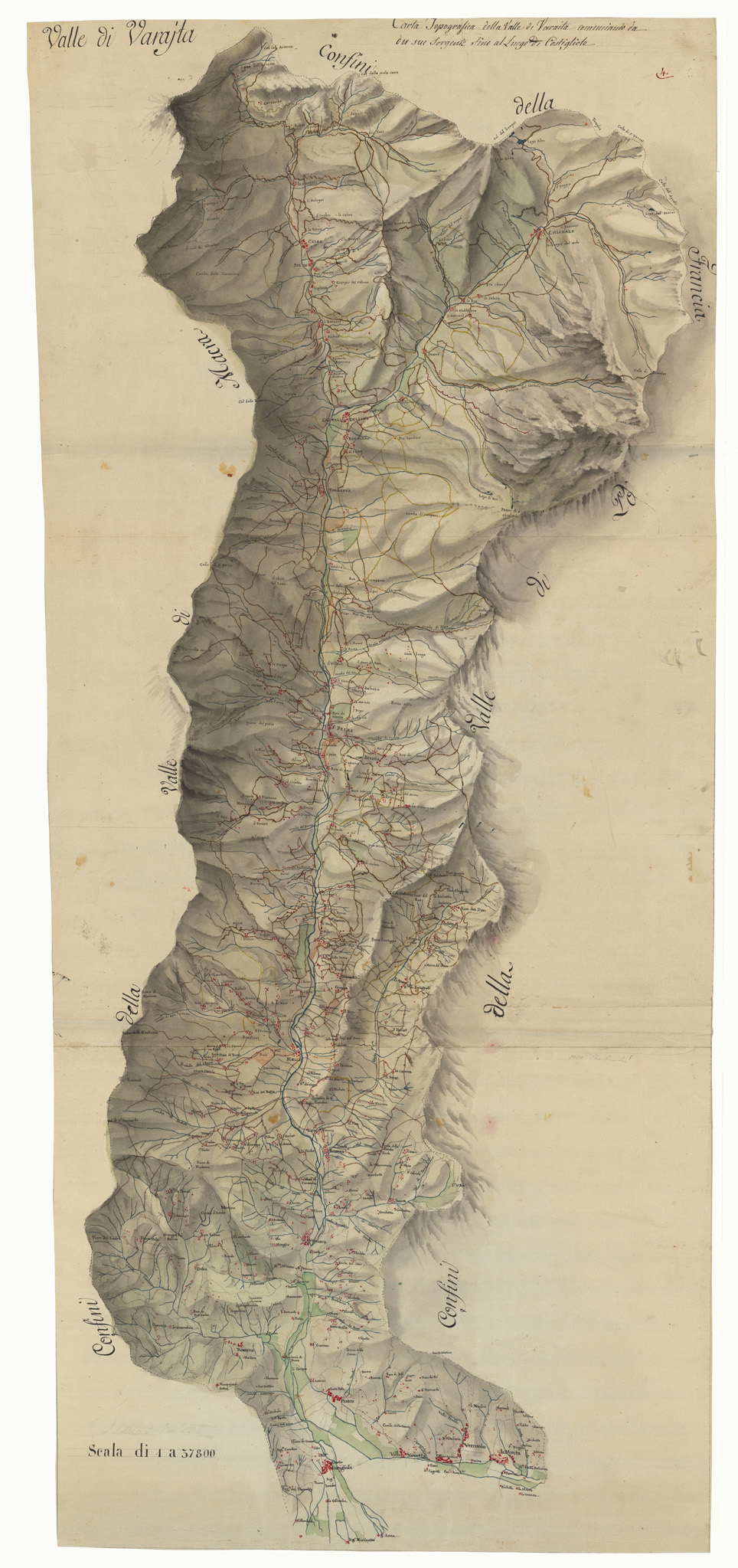 (N:5622) VALLE DI VARAJTA. CARTA TOPOGRAFICA DELLA VALLE DI VARAITA COMINCIANDO DA DUE SORGENTI SINO A LUOGO DI CASTIGLIOLE (CA002039) Carte e stampe antiche: riproduzione a colori su carta (formato A1)