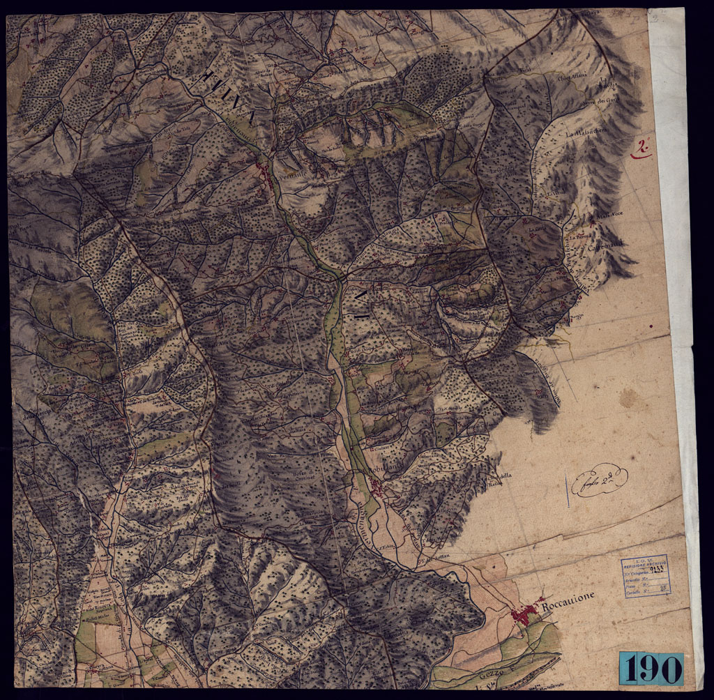 (N:5615) CARTA TOPOGRAFICA DEL CORSO DELLA VERMAGNANA DALLE SUE SORGENTI SINO AL BORGO DI S. DALMAZZO VERSO IL SUO CONFLUENTE NELLA STURA; RITROVASI ANCHE LA COLA TORRENTE DALLE SUE SORGENTI A BOVES PARTE 1- FOGLIO 2. (CA002047) Carte e stampe antiche: riproduzione a colori su carta (formato A1)