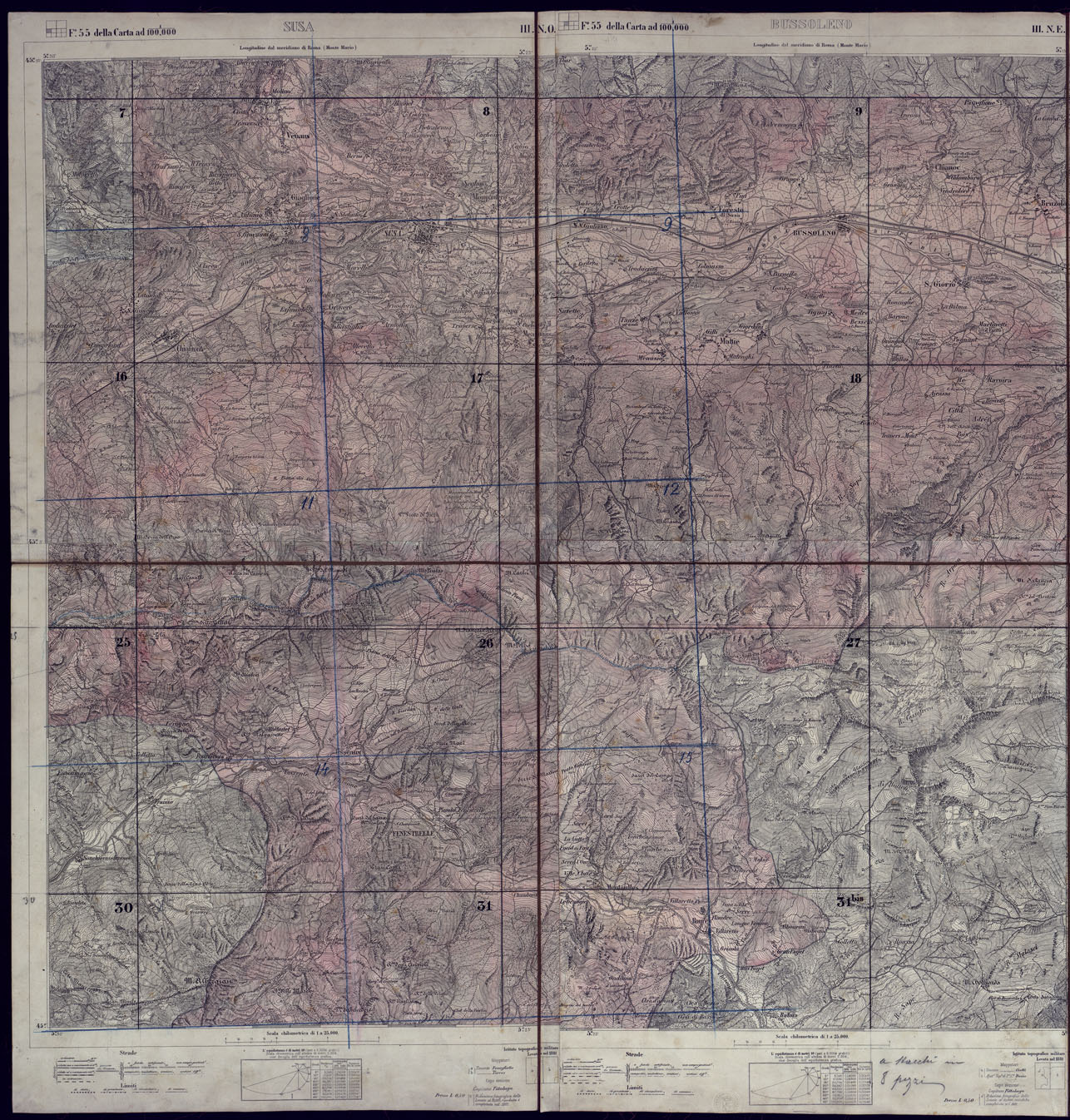 (N:23543) VALLI DELLA DORA RIPARIA SITUAZIONE DAL 1860 AL 1871 RILIEVI AL 10.000 - QUADRO D'UNIONE 2 (CA002087) Carte e stampe antiche: riproduzione a colori su carta (formato A1)