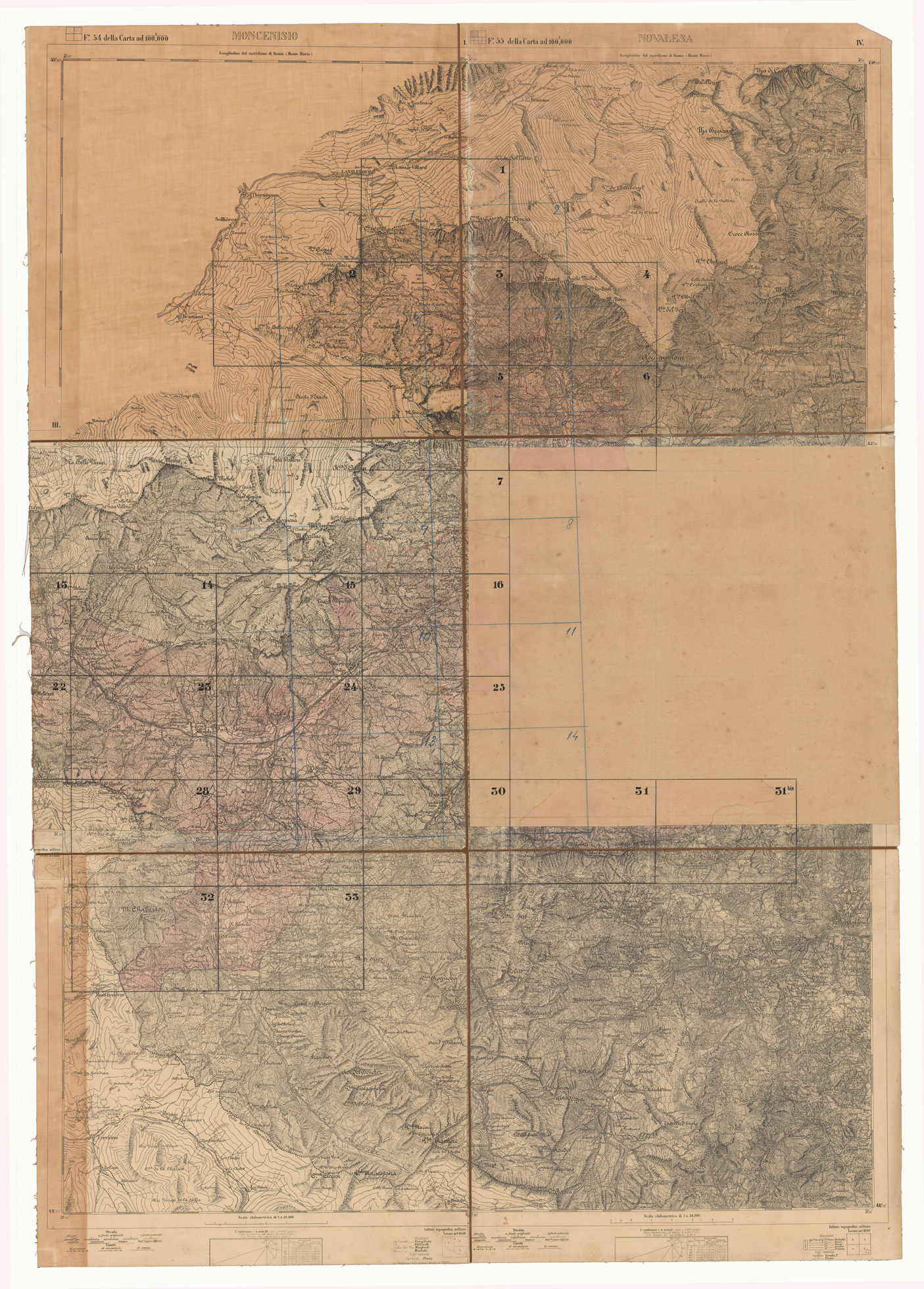 (N:23544) VALLI DELLA DORA RIPARIA SITUAZIONE DAL AL 1871 RILIEVI AL 10.000 - QUADRO D'UNIONE 3 (CA002089, CA002090) Carte e stampe antiche: riproduzione a colori su carta (formato A1)