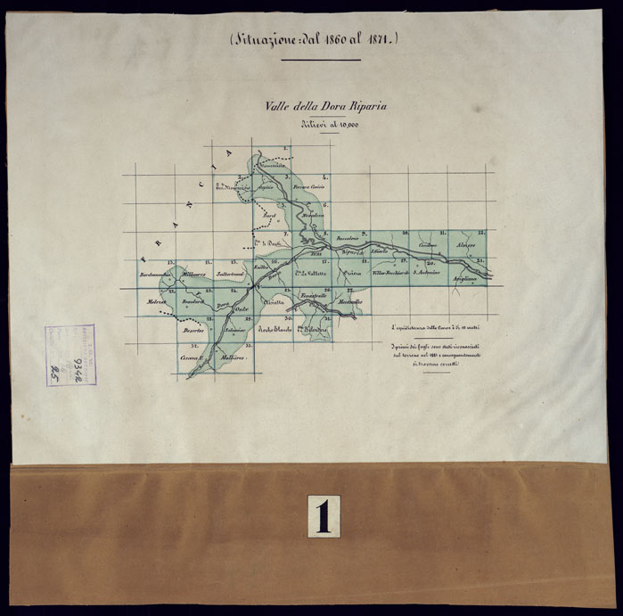 (N:23545) VALLI DELLA DORA RIPARIA SITUAZIONE DAL 1860 AL 1871 RILIEVI AL 10.000 - QUADRO D'UNIONE 1. (CA002092) Carte e stampe antiche: riproduzione a colori su carta (formato A1)