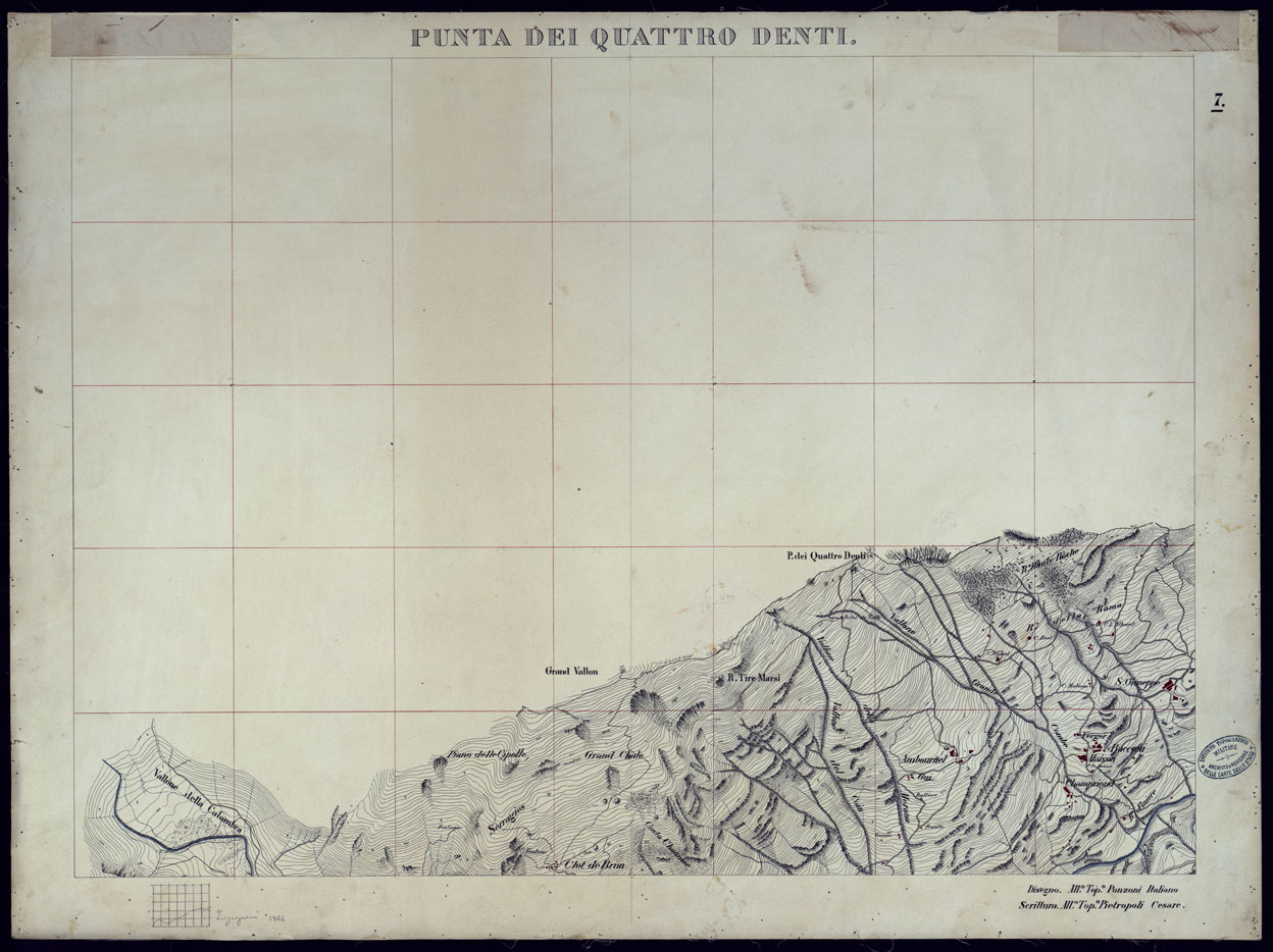 (N:23552) VALLI DELLA DORA RIPARIA SITUAZIONE DAL 1860 AL 1871 RILIEVI AL 10.000 PUNTA DEI QUATTRO DENTI - FOGLIO 7. (CA002099) Carte e stampe antiche: riproduzione a colori su carta (formato A1)