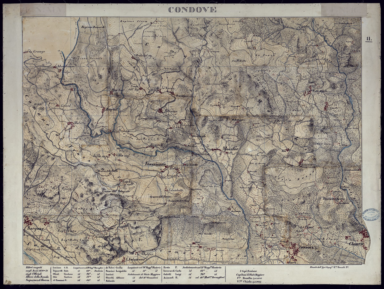 (N:23556) VALLI DELLA DORA RIPARIA SITUAZIONE DAL 1860 AL 1871 RILIEVI AL 10.000 CONDOVE - FOGLIO 11. (CA002103) Carte e stampe antiche: riproduzione a colori su carta (formato A1)