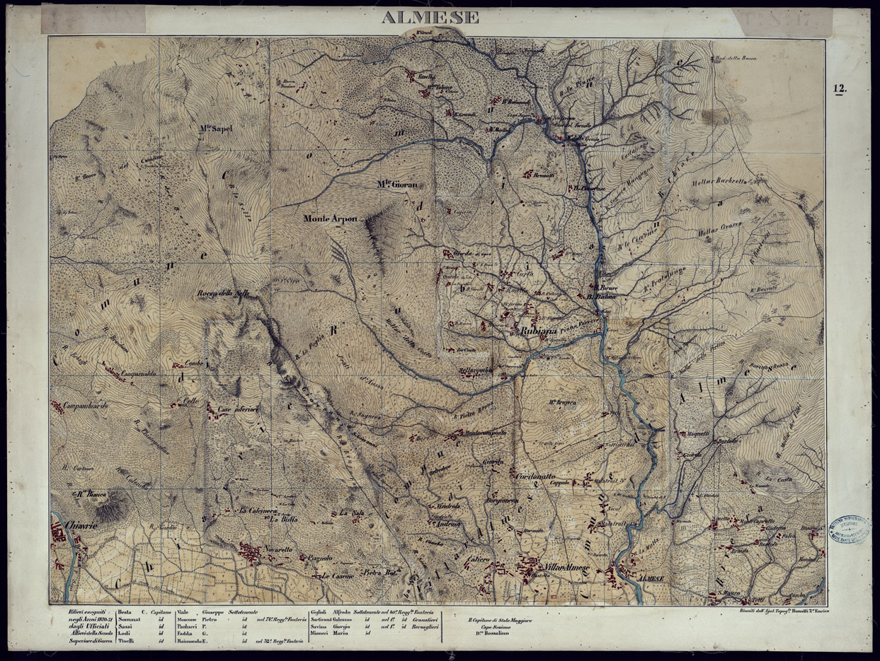 (N:23557) VALLI DELLA DORA RIPARIA SITUAZIONE DAL 1860 AL 1871 RILIEVI 10.000 ALMESE - FOGLIO 12. (CA002104) Carte e stampe antiche: riproduzione a colori su carta (formato A1)