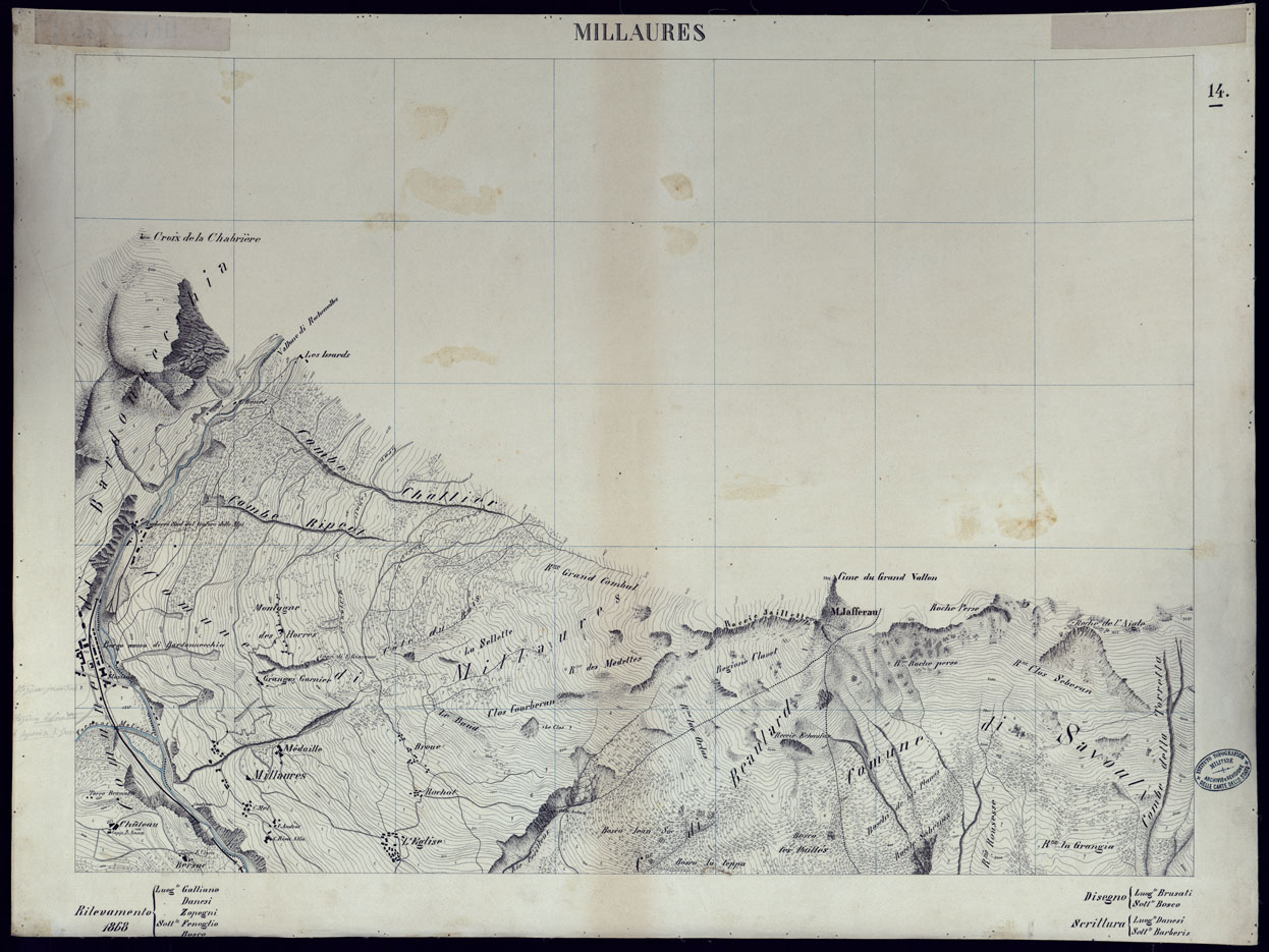 (N:23559) VALLI DELLA DORA RIPARIA SITUAZIONE DAL 1860 AL 1871 RILIEVI AL 10.000 MILLAURES - FOGLIO 14. (CA002106) Carte e stampe antiche: riproduzione a colori su carta (formato A1)