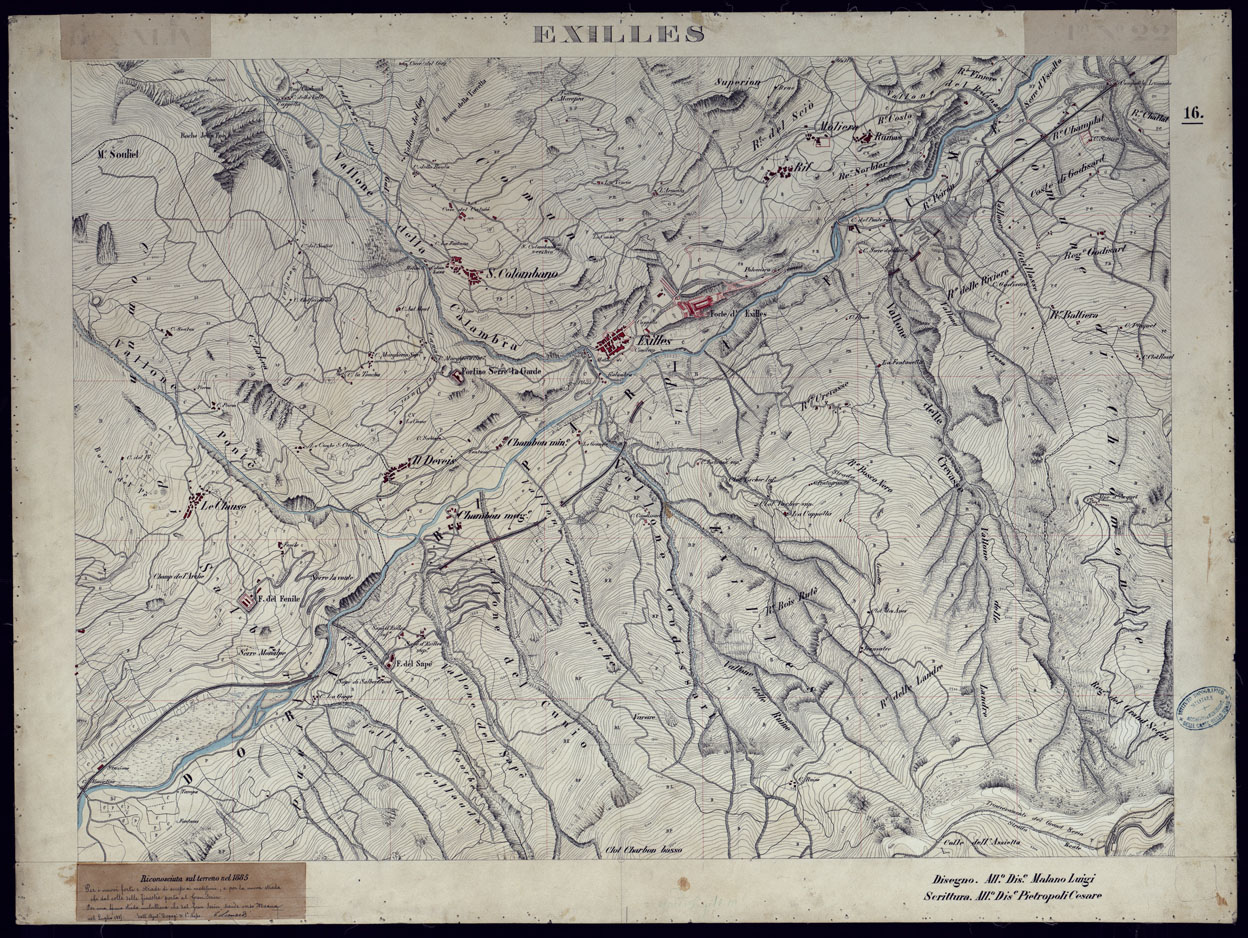(N:23561) VALLI DELLA DORA RIPARIA SITUAZIONE DAL 1860 AL 1871 RILIEVI AL 10.000 EXILLES - Foglio 16. (CA002108) Carte e stampe antiche: riproduzione a colori su carta (formato A1)