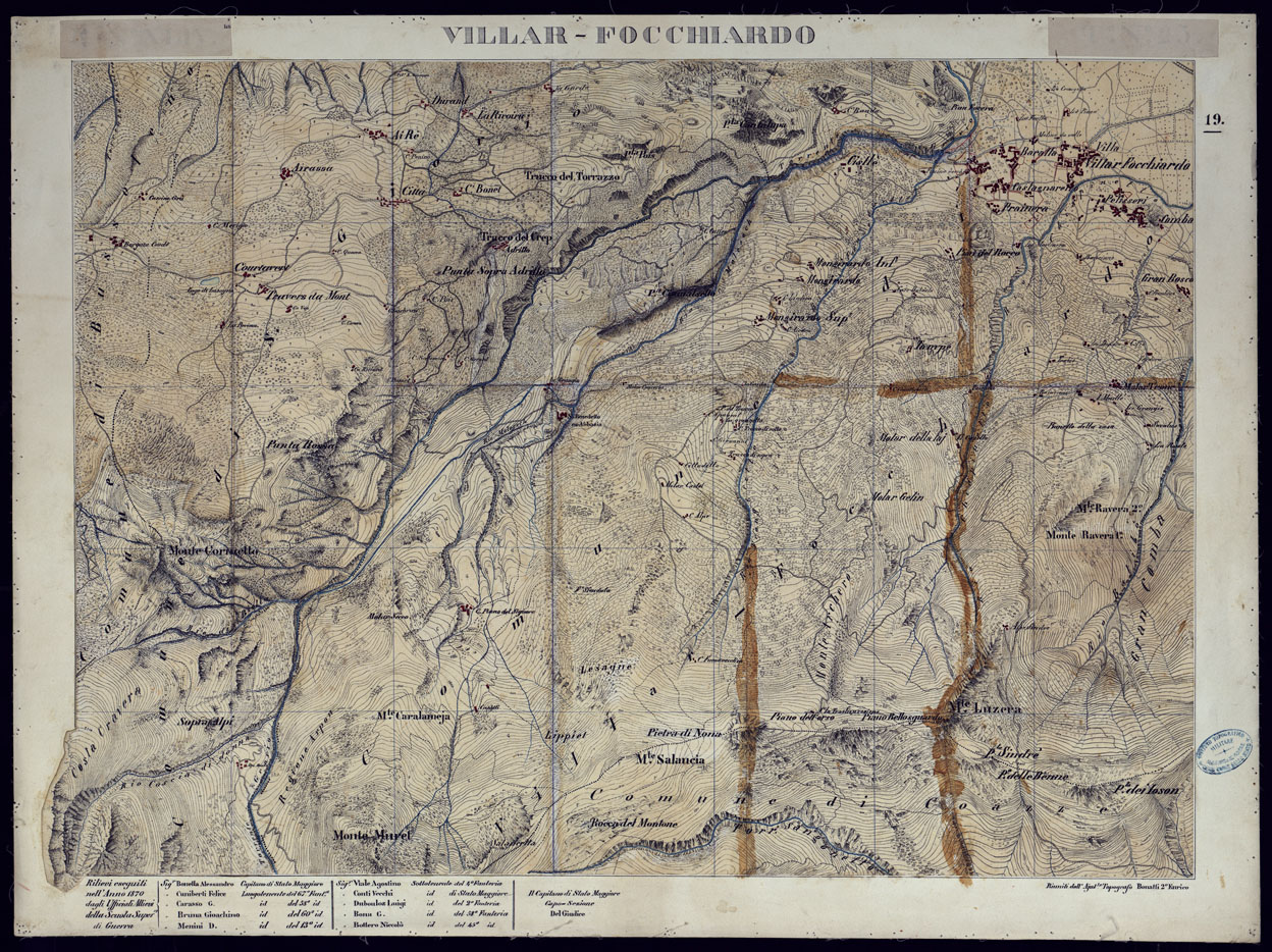(N:23564) VALLI DELLA DORA RIPARIA -Situazione dal 1860 al 1871 Rilevi al 10.000  - VILLAR-FOCCHIARDO - Foglio 19 (CA002111) Carte e stampe antiche: riproduzione a colori su carta (formato A1)