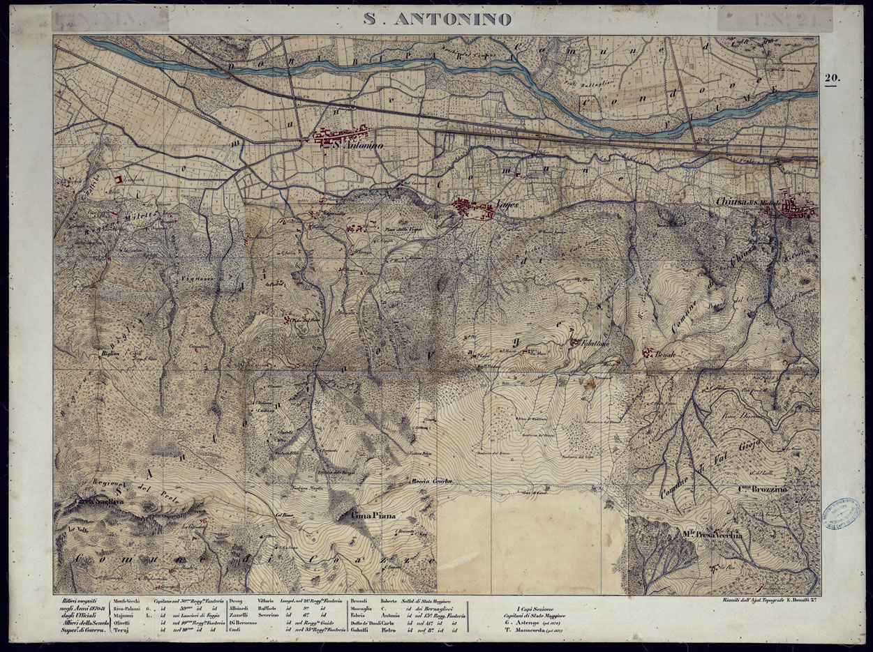 (N:23565) VALLI DELLA DORA RIPARIA -Situazione dal 1860 al 1871 Rilevi al 10.000  - S. ANTONINO - Foglio 20. (CA002112) Carte e stampe antiche: riproduzione a colori su carta (formato A1)