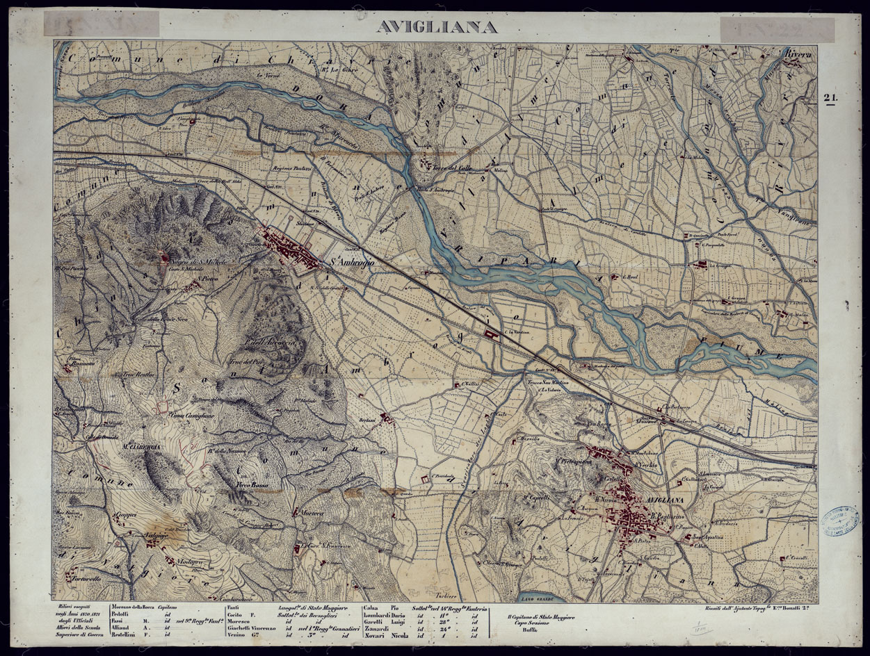 (N:23566) VALLI DELLA DORA RIPARIA SITUAZIONE DAL 1860 AL 1871 RILIEVI AL AVIGLIANA - FOGLIO 21. (CA002113) Carte e stampe antiche: riproduzione a colori su carta (formato A1)