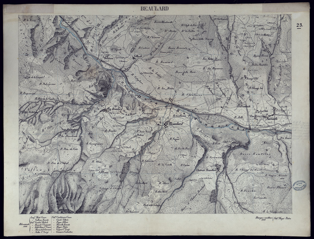 (N:23568) VALLI DELLA DORA RIPARIA SITUAZIONE DAL 1860 AL 1871 RILIEVI AL 10.000 BEAULARD - FOGLIO 23. (CA002115) Carte e stampe antiche: riproduzione a colori su carta (formato A1)