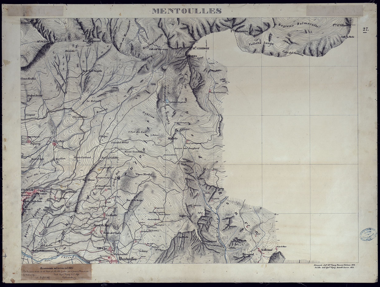 (N:23572) VALLI DELLA DORA RIPARIA SITUAZIONE DAL 1860 AL 1871 RILIEVI AL 10.000 MENTOULLES - FOGLIO 27. (CA002119) Carte e stampe antiche: riproduzione a colori su carta (formato A1)