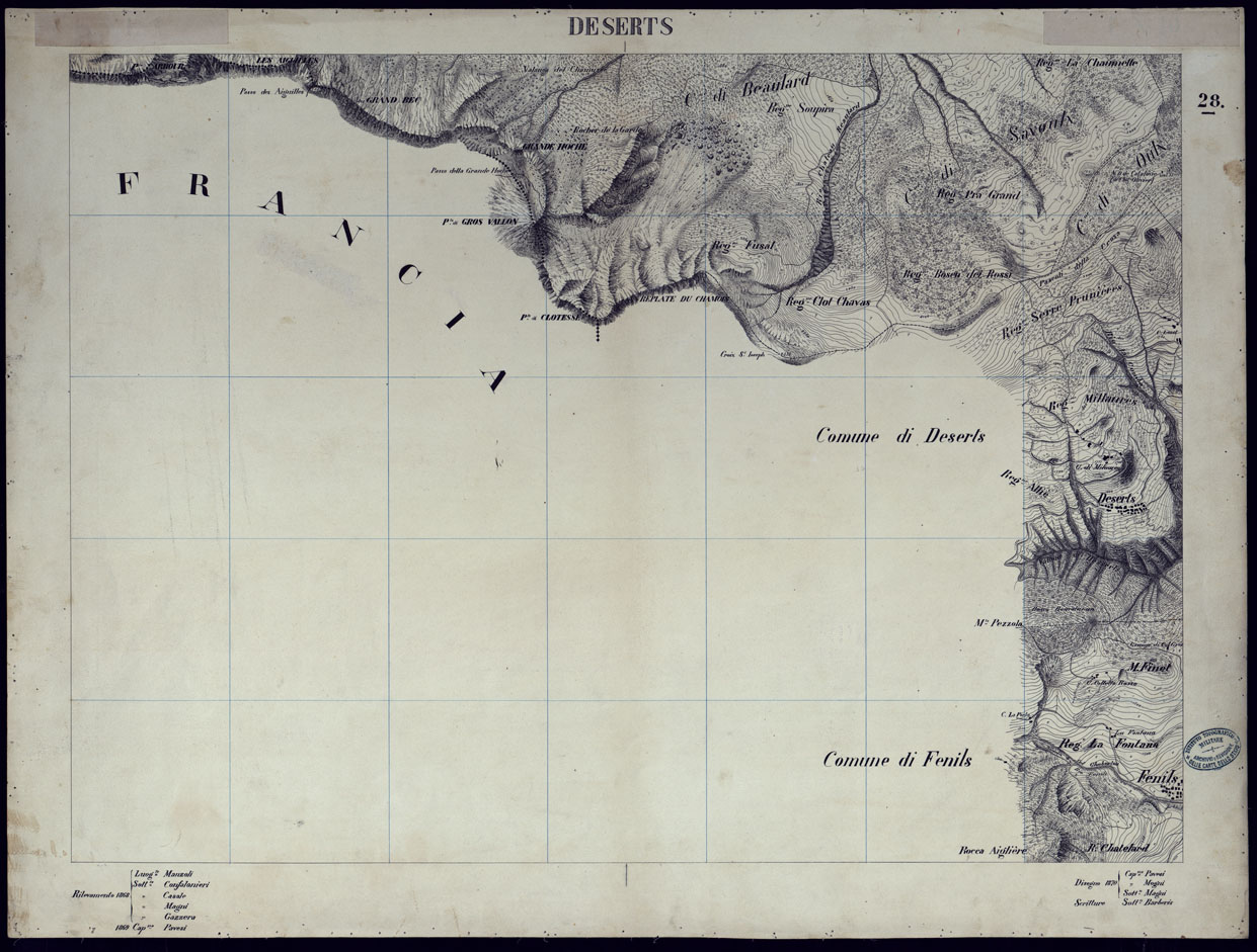(N:23573) VALLI DELLA DORA RIPARIA SITUAZIONE DAL 1860 AL 1871 RILIEVI AL 10.000 DESERTS - FOGLIO 28. (CA002120) Carte e stampe antiche: riproduzione a colori su carta (formato A1)