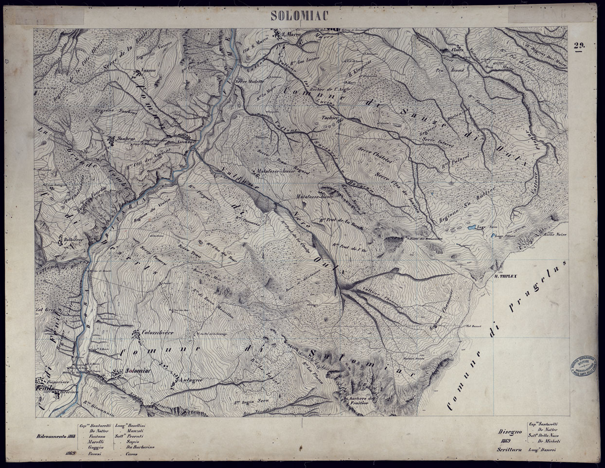 (N:23574) VALLI DELLA DORA RIPARIA SITUAZIONE DAL 1860 AL 1871 RILIEVI AL 10.000 SOLOMIAC - FOGLIO 29. (CA002121) Carte e stampe antiche: riproduzione a colori su carta (formato A1)