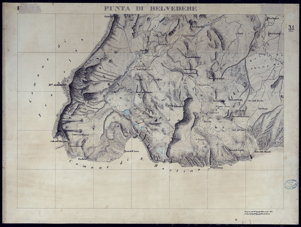(N:23577) VALLI DELLA DORA RIPARIA SITUAZIONE DAL 1860 AL 1871 RILIEVI AL 10.000  PUNTA DI BELVEDERE - FOGLIO 31. (CA002123) Carte e stampe antiche: riproduzione a colori su carta (formato A1)
