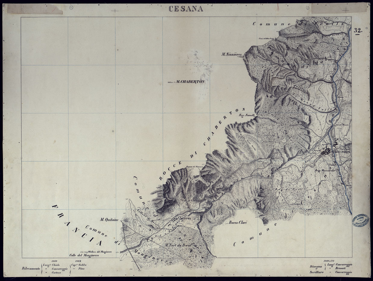 (N:23578) VALLI DELLA DORA RIPARIA SITUAZIONE DAL 1860 AL 1871 RILIEVI AL 10.000 CESANA - FOGLIO 32. (CA002124) Carte e stampe antiche: riproduzione a colori su carta (formato A1)