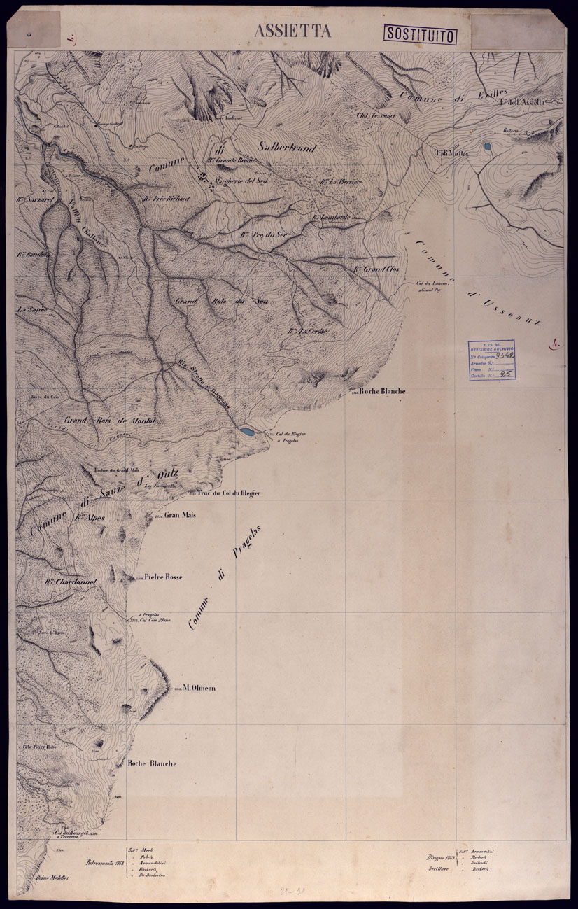 (N:23580) VALLI DELLA DORA RIPARIA SITUAZIONE DAL 1860 AL 1871 RILIEVI AL 10.000 ASSIETTA - SOSTITIUTO. (CA002126) Carte e stampe antiche: riproduzione a colori su carta (formato A1)