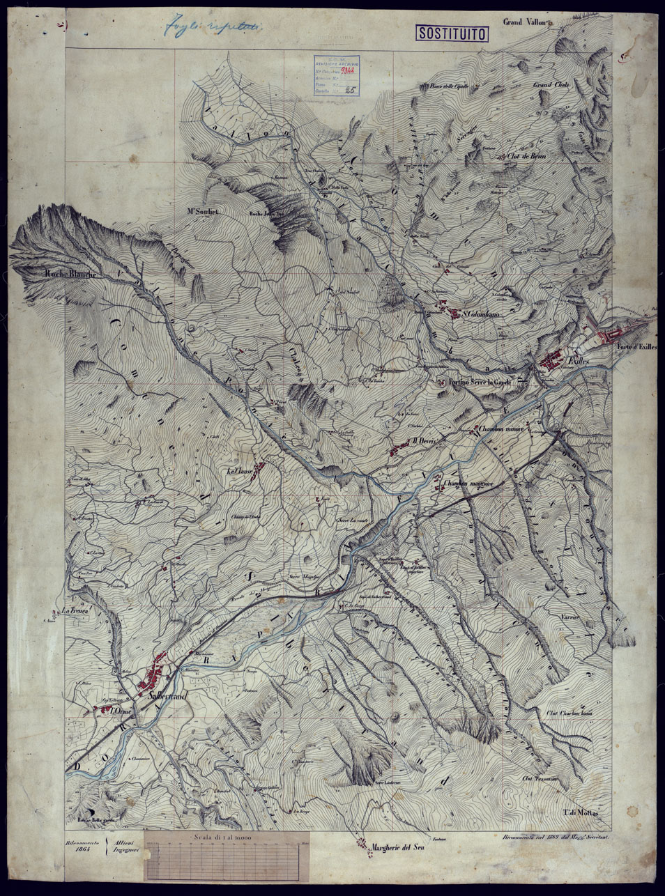 (N:23581) VALLI DELLA DORA RIPARIA SITUAZIONE DAL 1860 AL 1871 RILIEVI AL 10.000 EXILLES - SOSTITUTO. (CA002127) Carte e stampe antiche: riproduzione a colori su carta (formato A1)