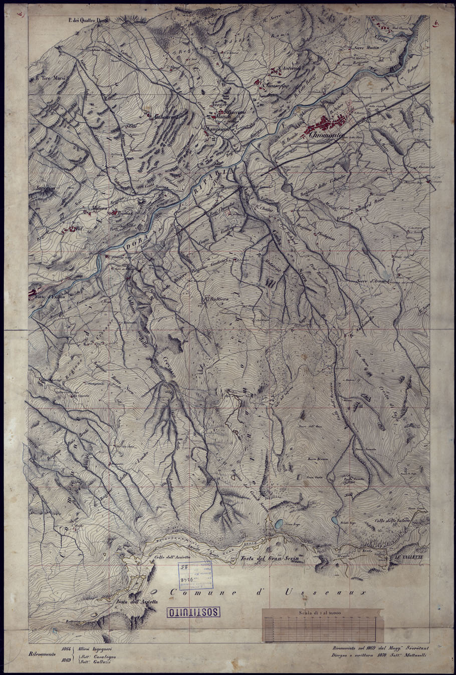 (N:23582) VALLI DELLA DORA RIPARIA SITUAZIONE DAL 1860 AL 1871 RILIEVI AL 10.000  CHIOMONTE - SOSTITUTO. (CA002128) Carte e stampe antiche: riproduzione a colori su carta (formato A1)